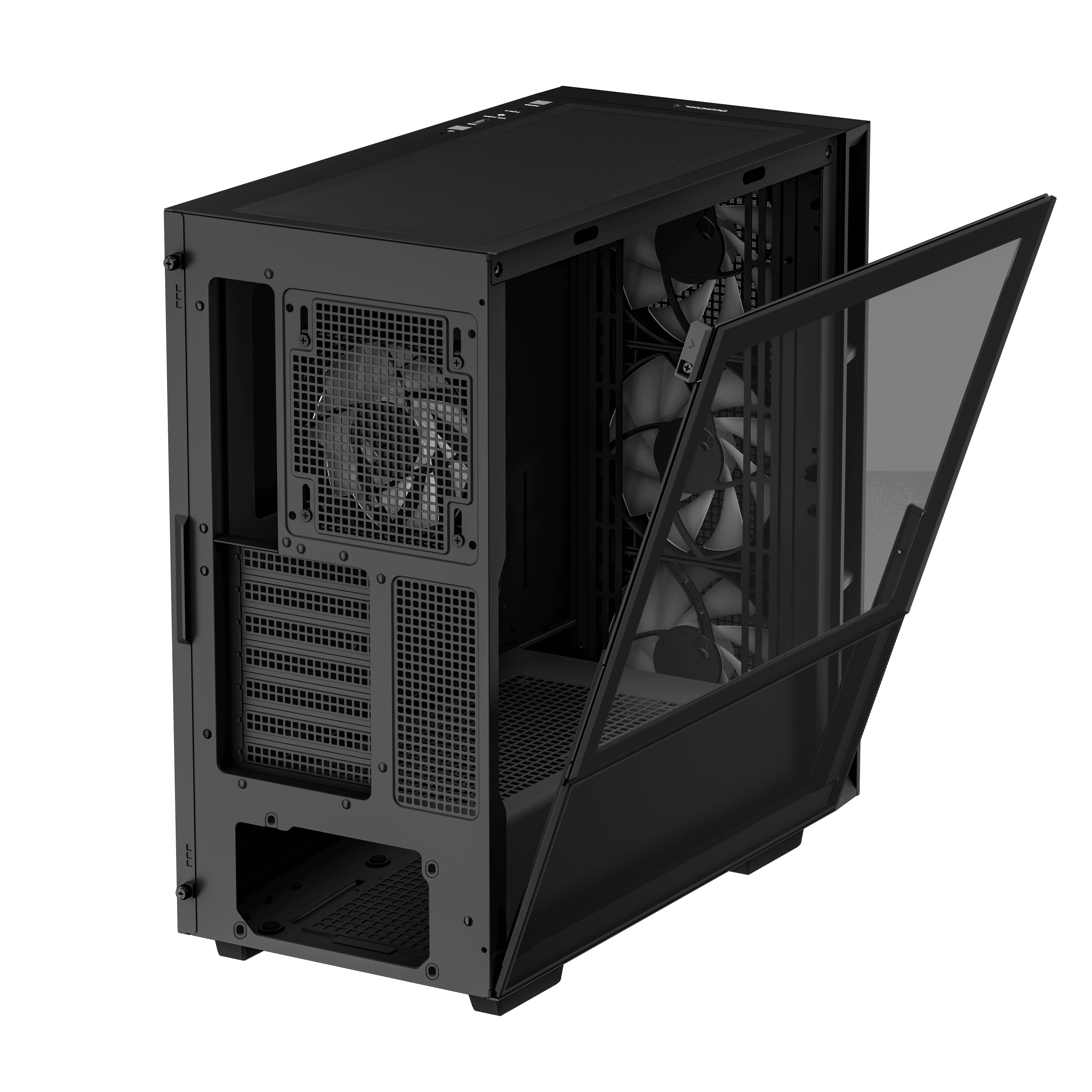 Zwarte computerkast met open glazen zijpaneel, onthult interne componenten en ventilatoren.
