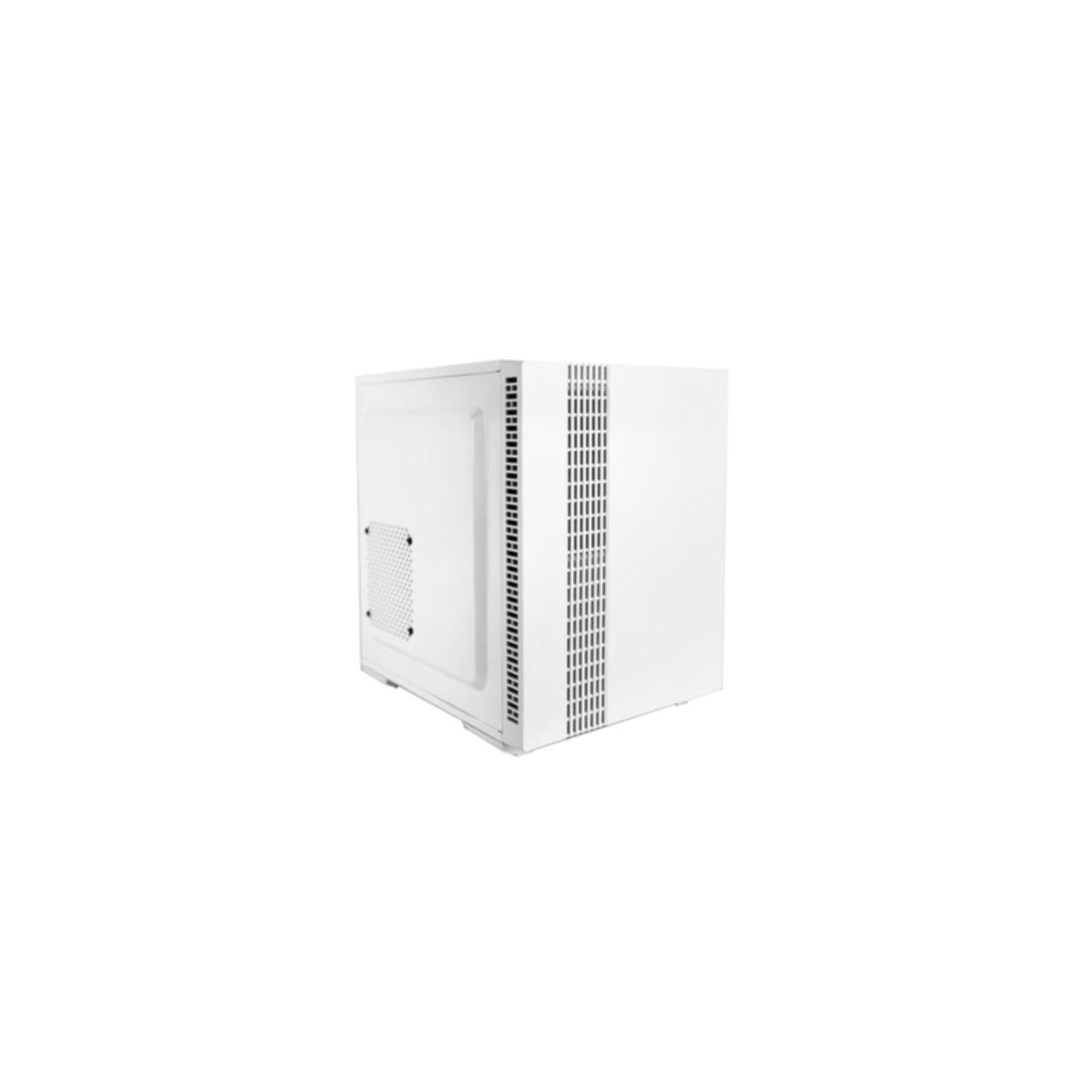 Case per computer bianco. Ha fori di ventilazione sul pannello laterale sinistro. Il case è su una superficie bianca.