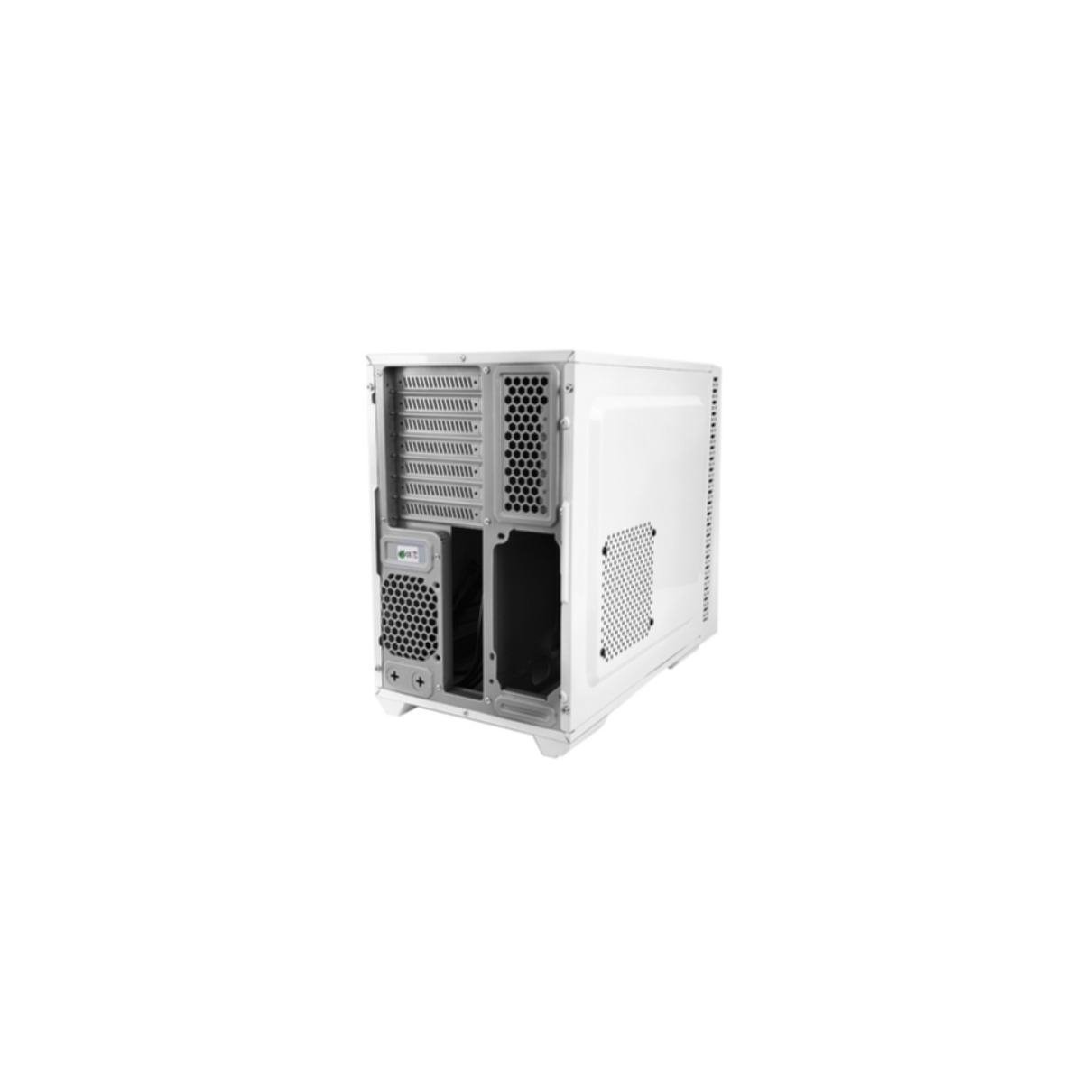 Case PC bianco, vista posteriore, con fori di ventilazione e porte, su sfondo bianco.
