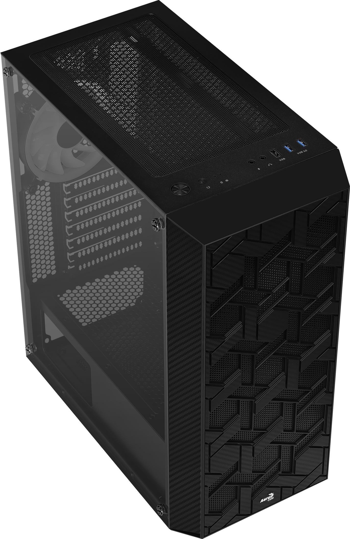Zwarte pc-kast met glazen zijkant, bovenaanzicht, toont de getextureerde voorkant.