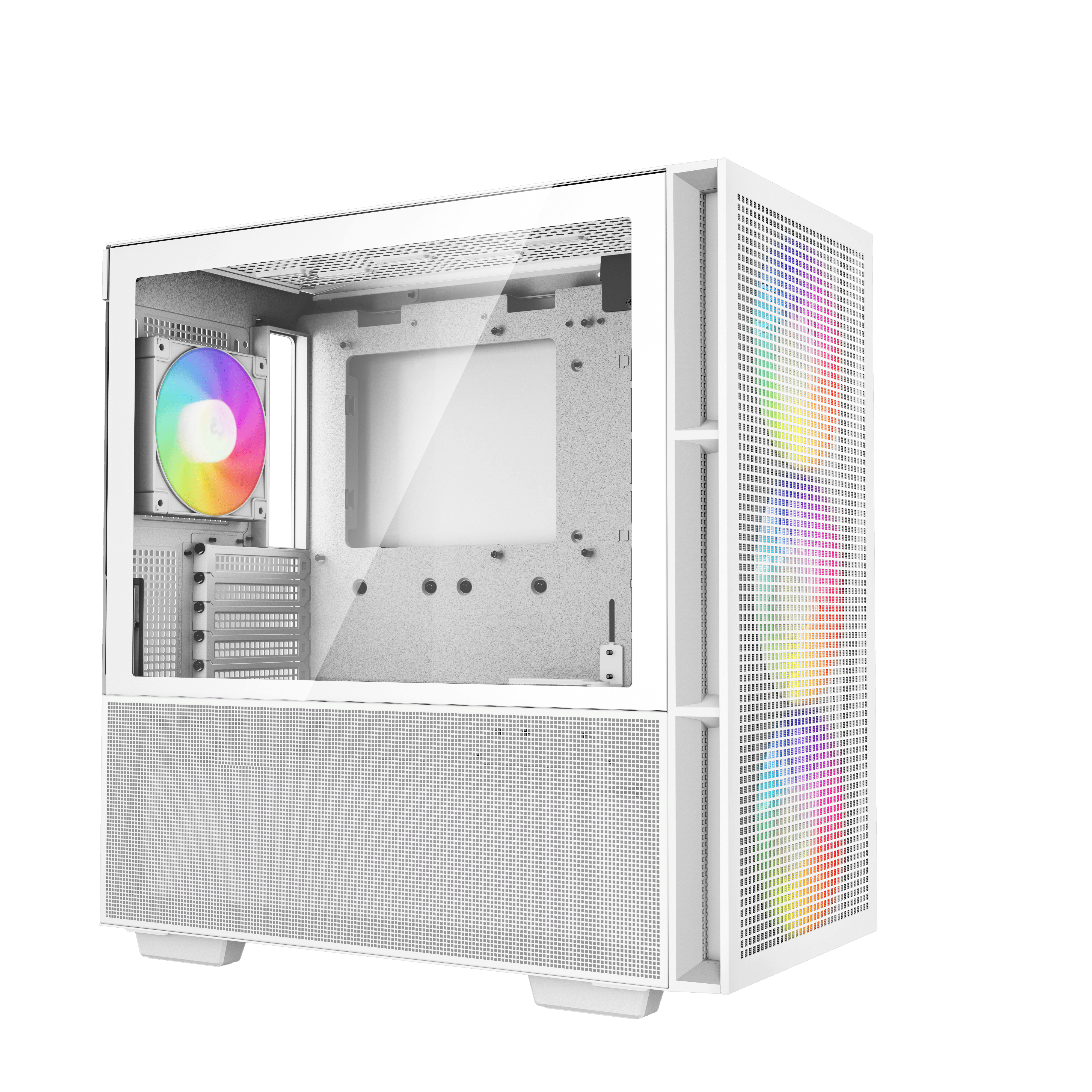 White computer case with rainbow side and fan. Glass side panel, mesh front panel.