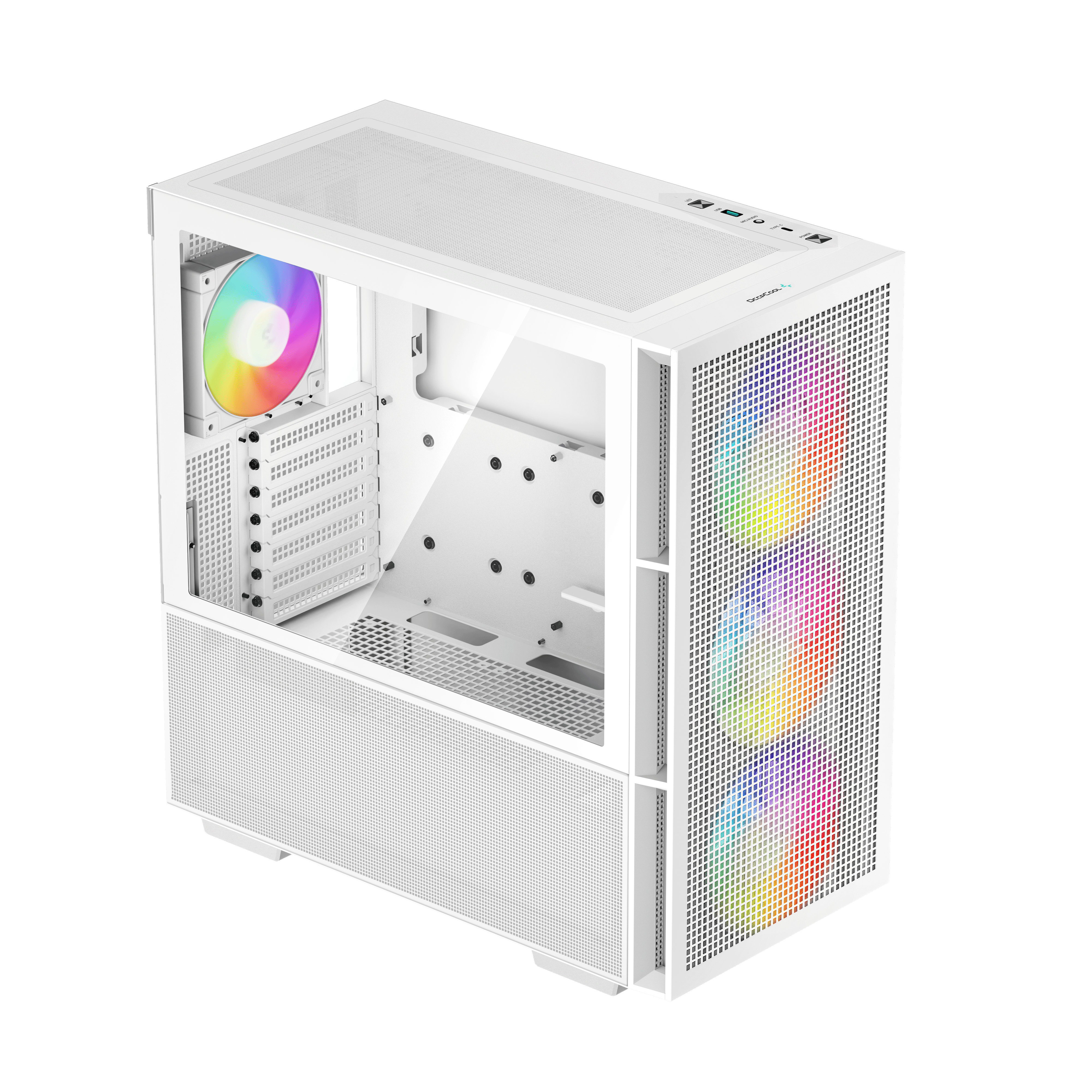 White computer case with glass side, RGB fans, and front mesh.