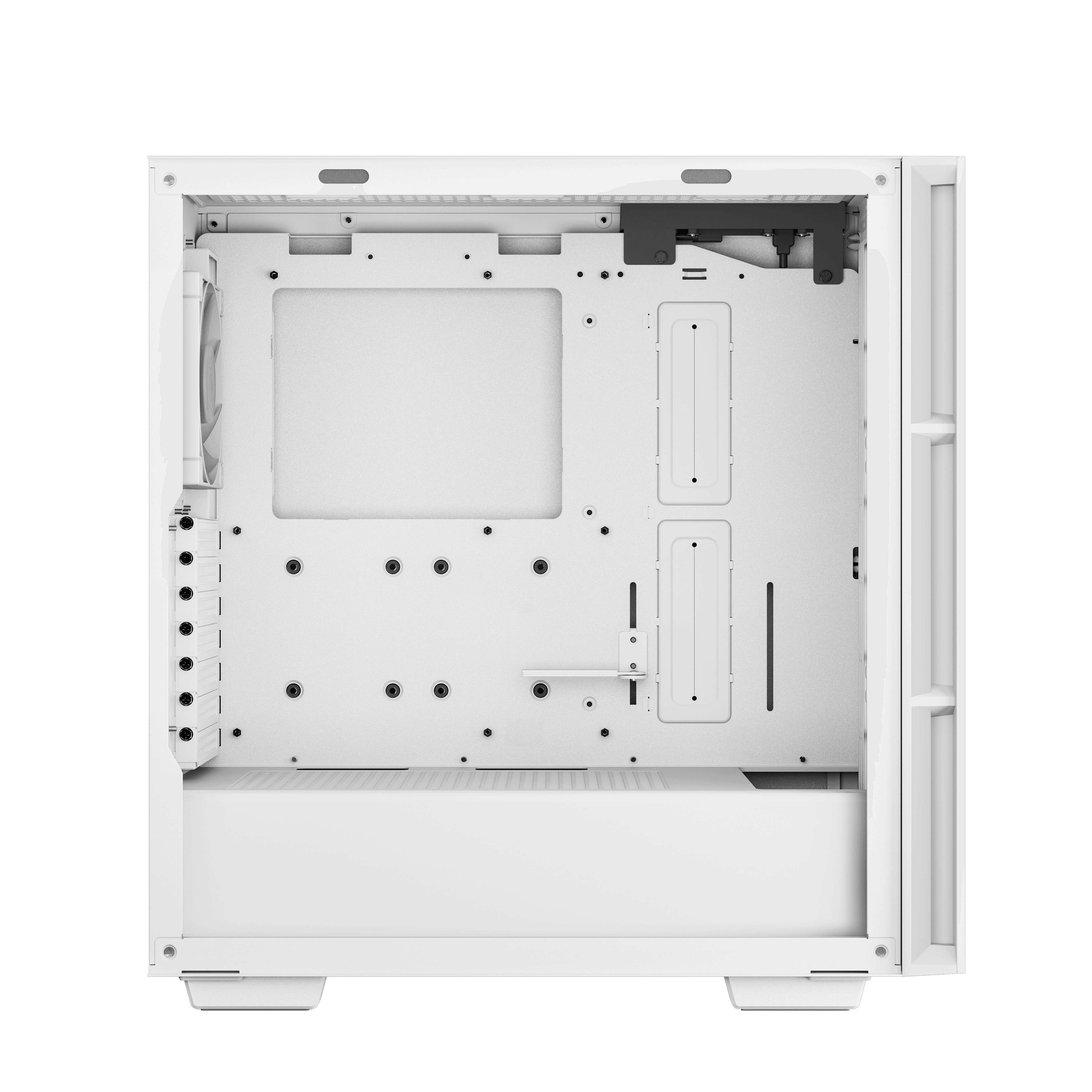 White PC case interior, empty. Shows the internal structure with mounting points and supports.