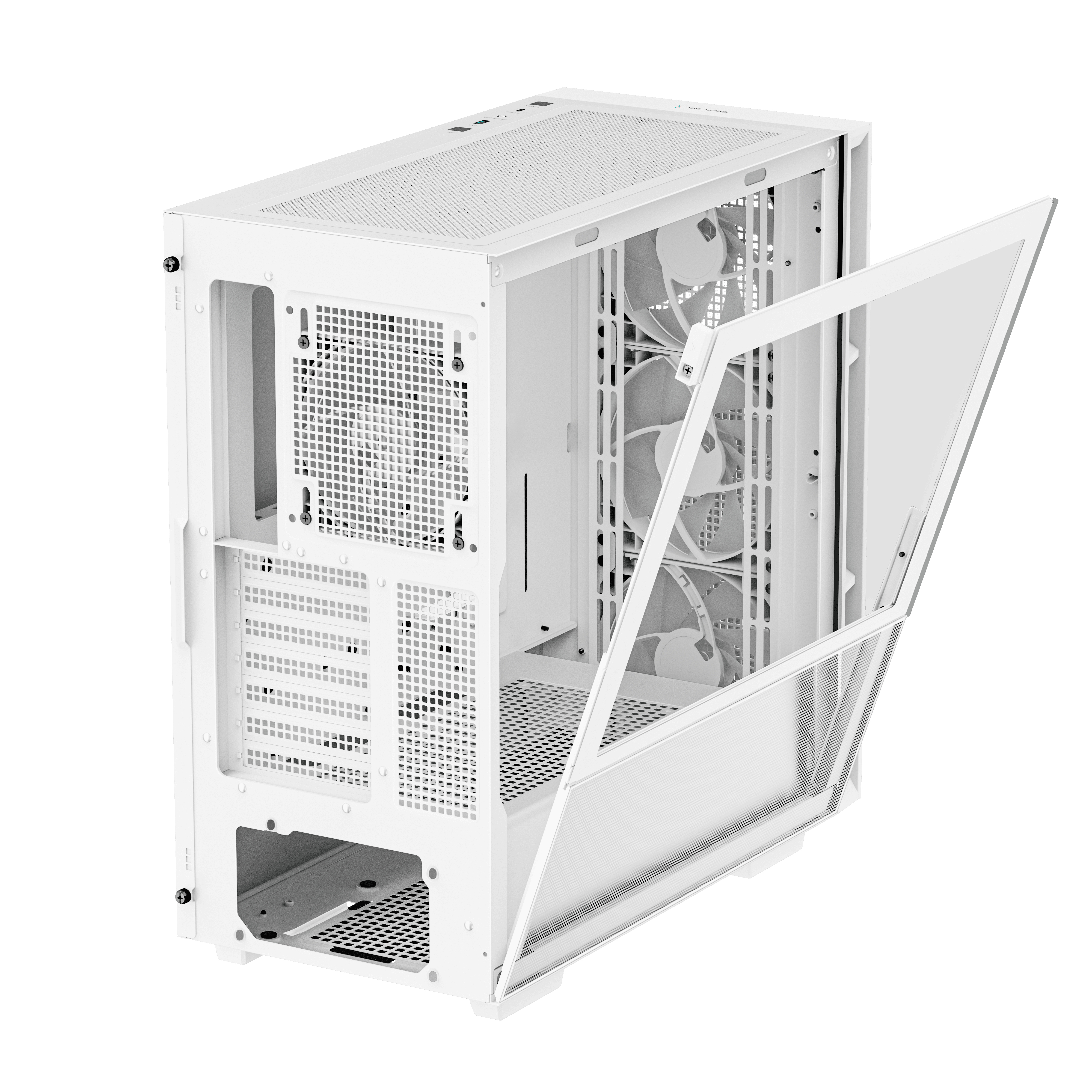 White computer case with open glass side panel. Internal fans and components visible.