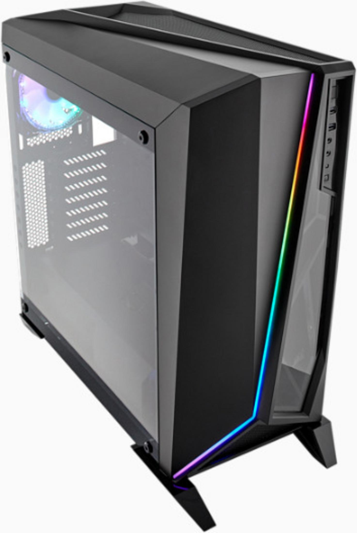Caja de ordenador negra con panel de vidrio e iluminación RGB.