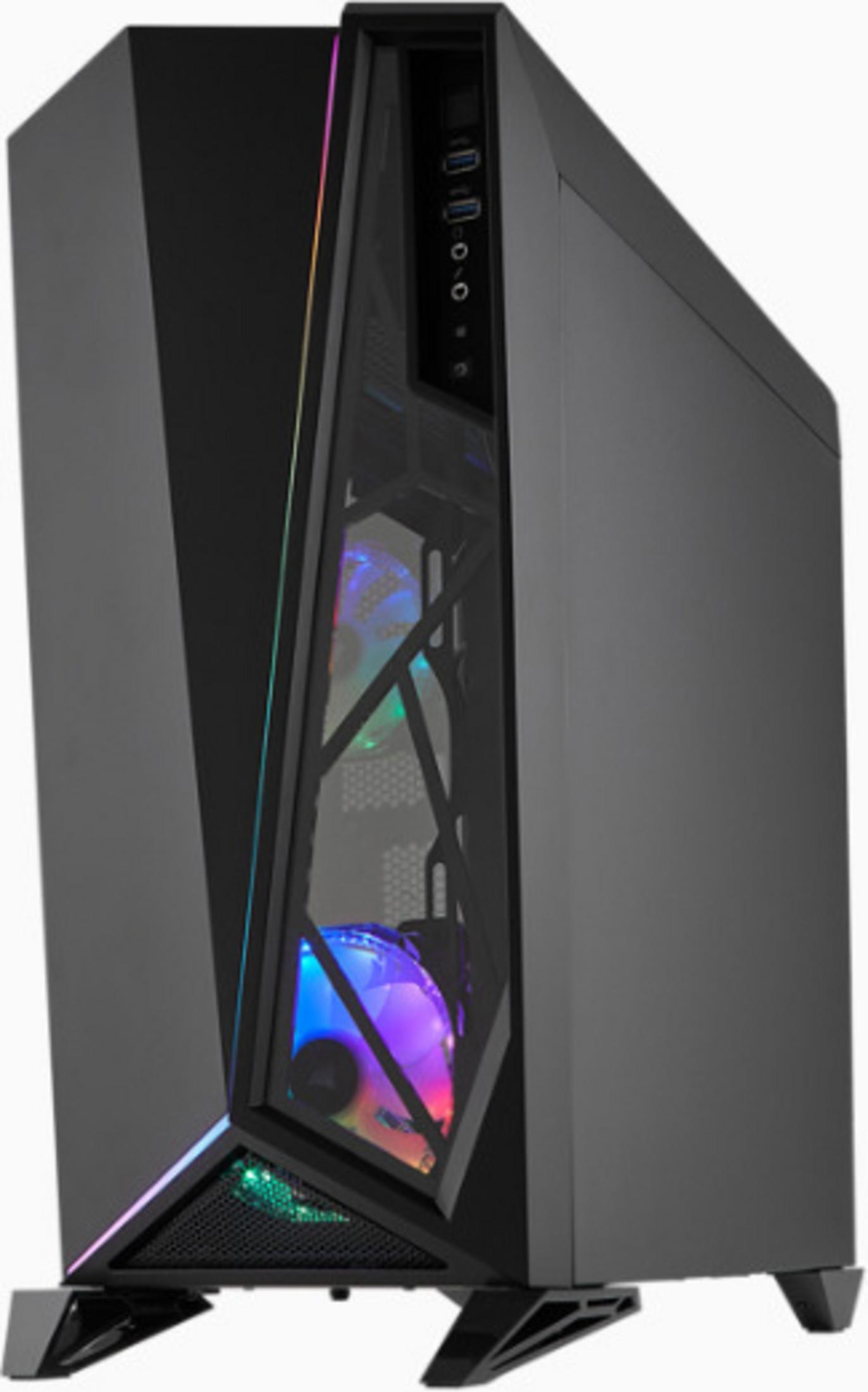 Caja de ordenador negra con panel lateral de vidrio y luces RGB. La caja está vertical.