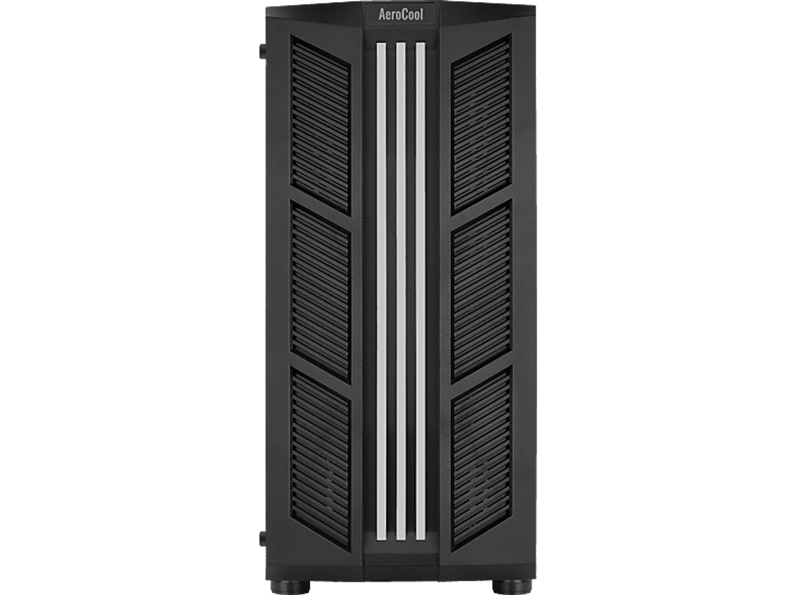 Czarny przód obudowy komputera z pionowymi białymi paskami. Obudowa jest na czarnym tle.