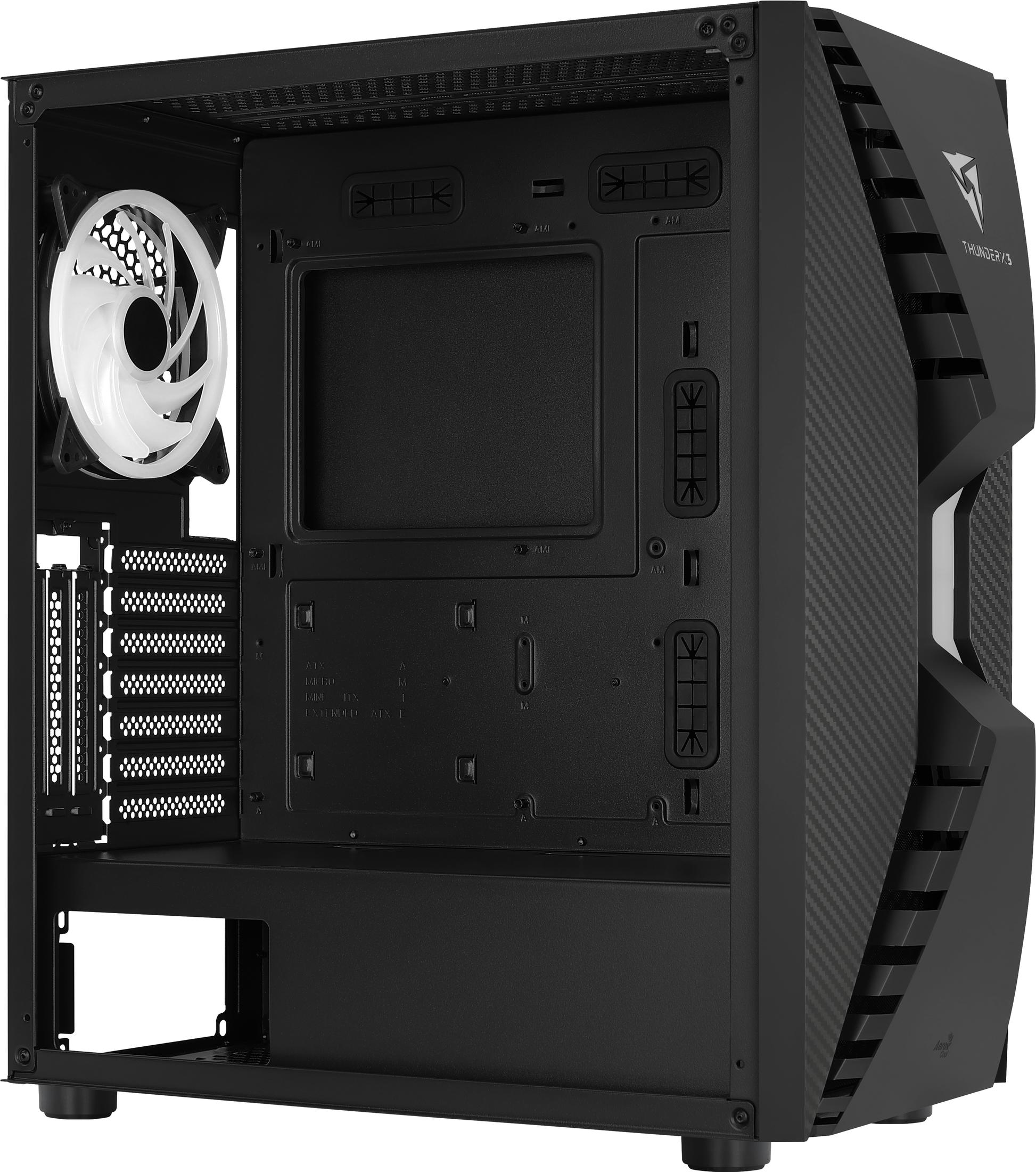 Schwarzes PC-Gehäuse mit weißem Lüfter und sichtbaren Innenkomponenten. Strukturierte Seitenwand sichtbar.