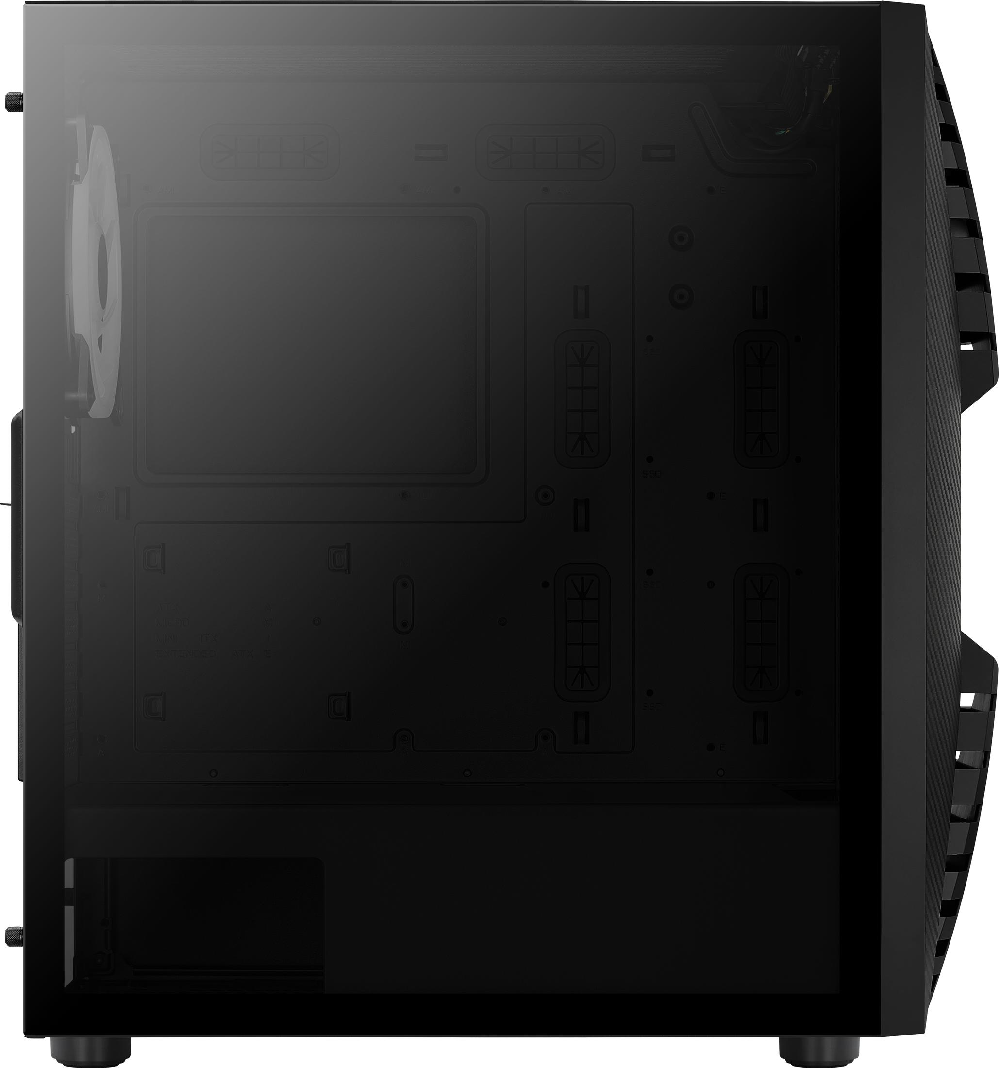 Schwarze Computergehäuse-Seitenansicht, mit Glasplatte, Innenansicht.