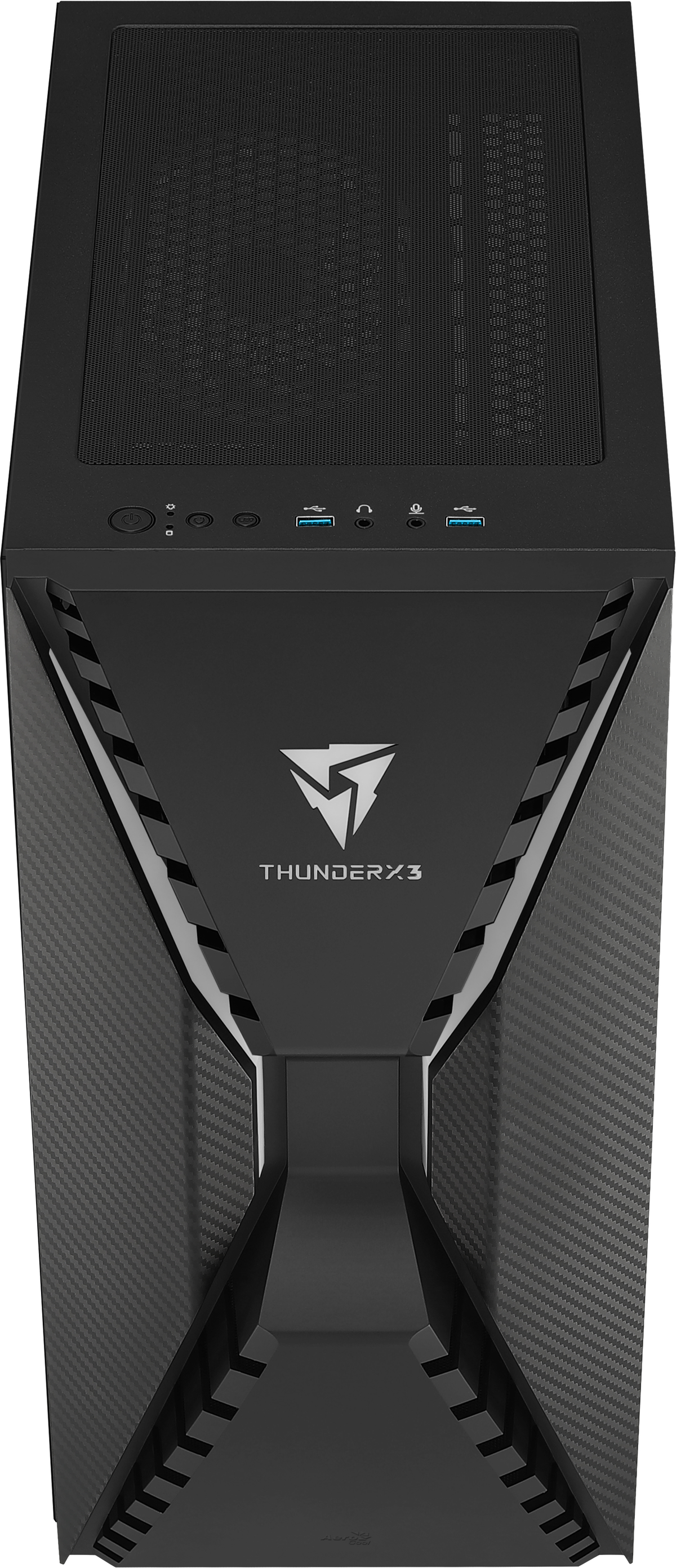 Schwarzes Computergehäuse. ThunderX3-Logo vorne.