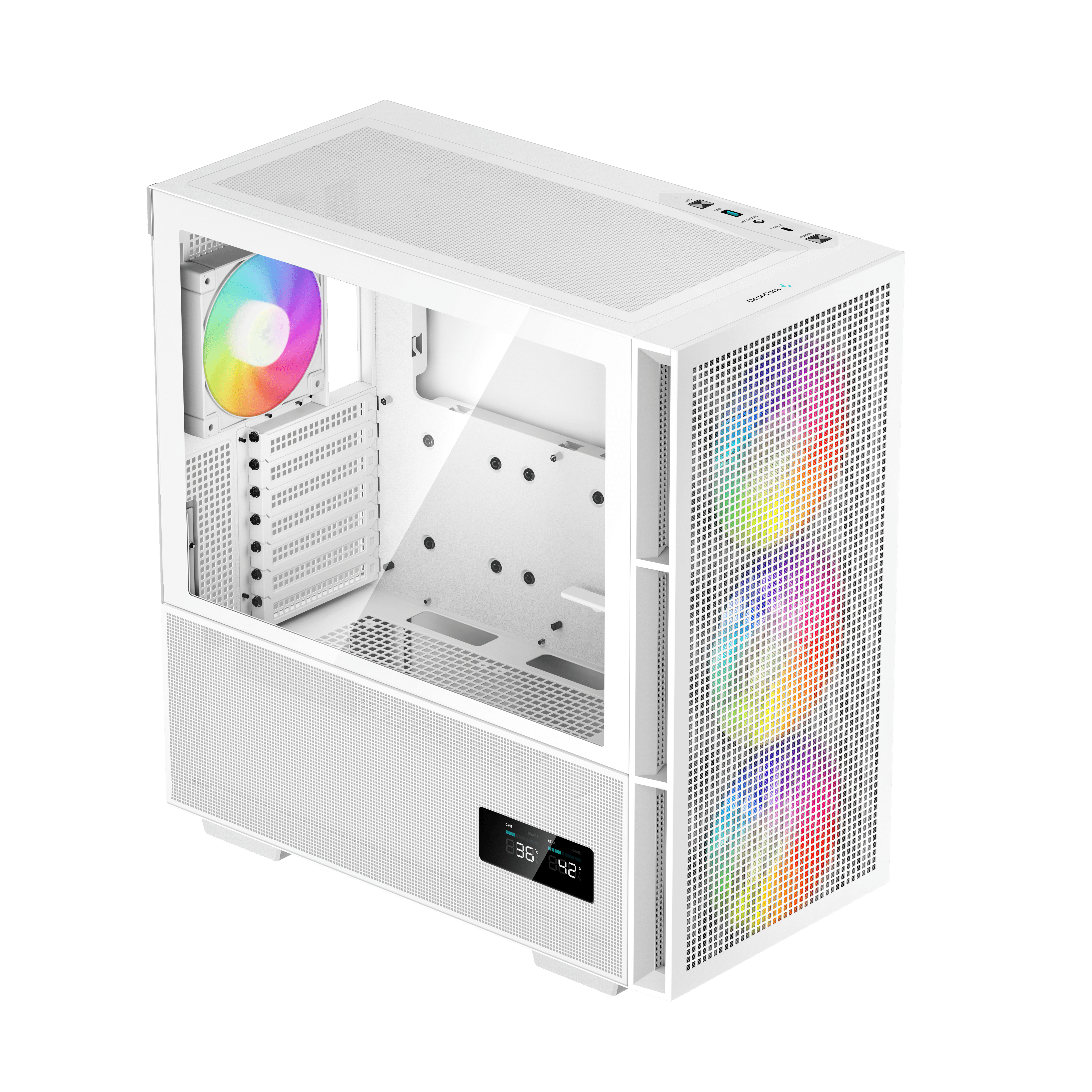 Biała obudowa PC ze szklanym bokiem, światłami RGB i ekranem pokazującym temperaturę.