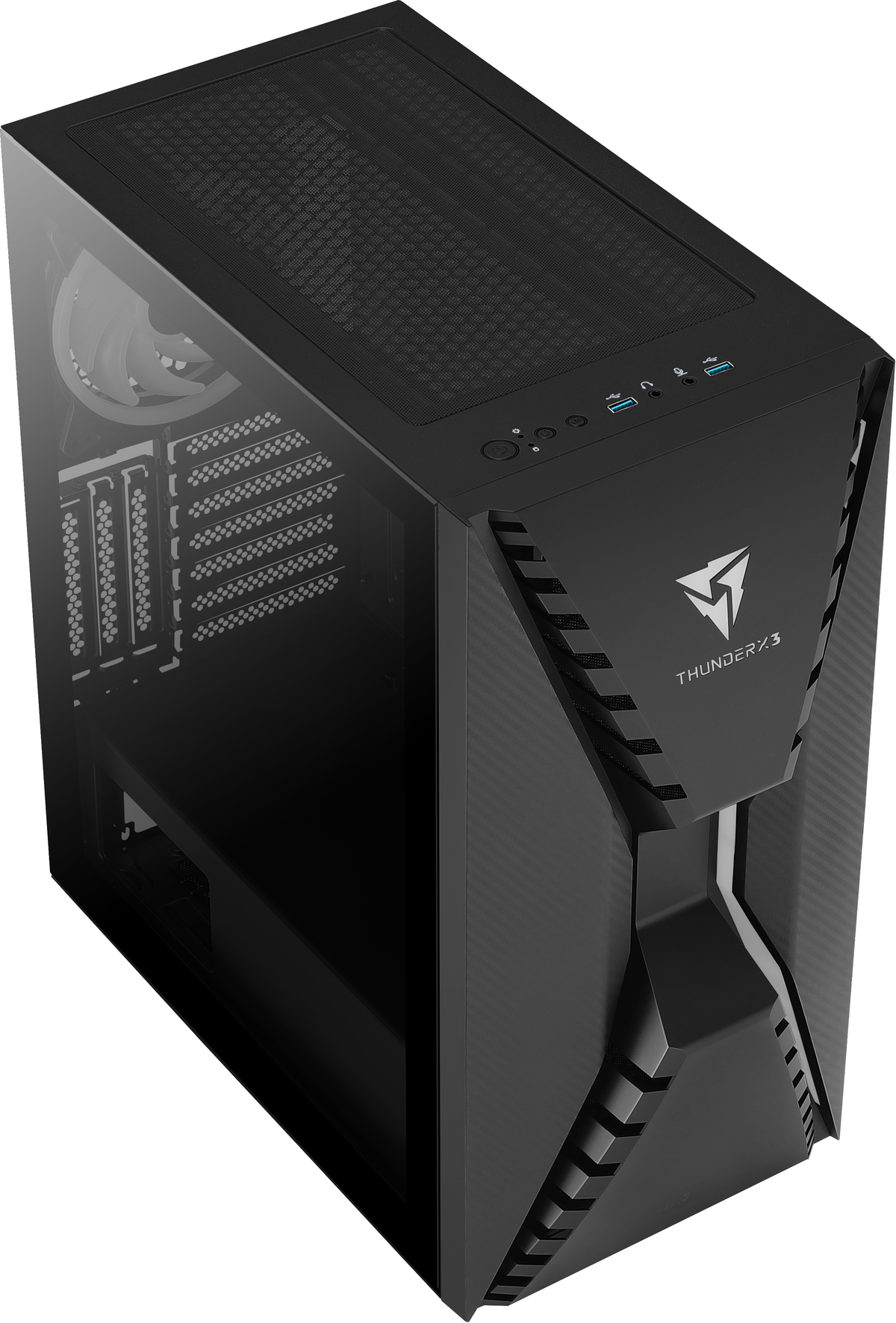 Ein schwarzes Computergehäuse mit Glasseitenwand. Das 'THUNDERX3'-Logo ist vorne sichtbar.