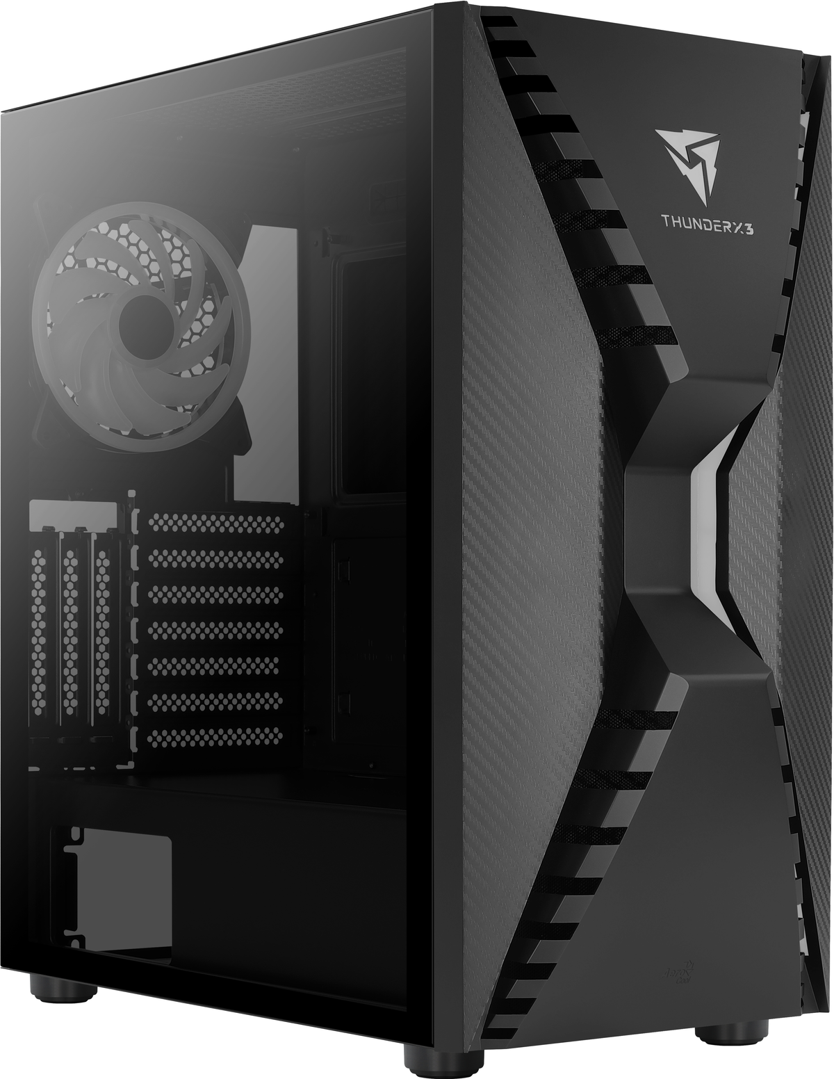 Ein schwarzes Computergehäuse mit einer Glas-Seitenwand. Das Gehäuse hat ein Mesh- und Kohlefaser-Design.