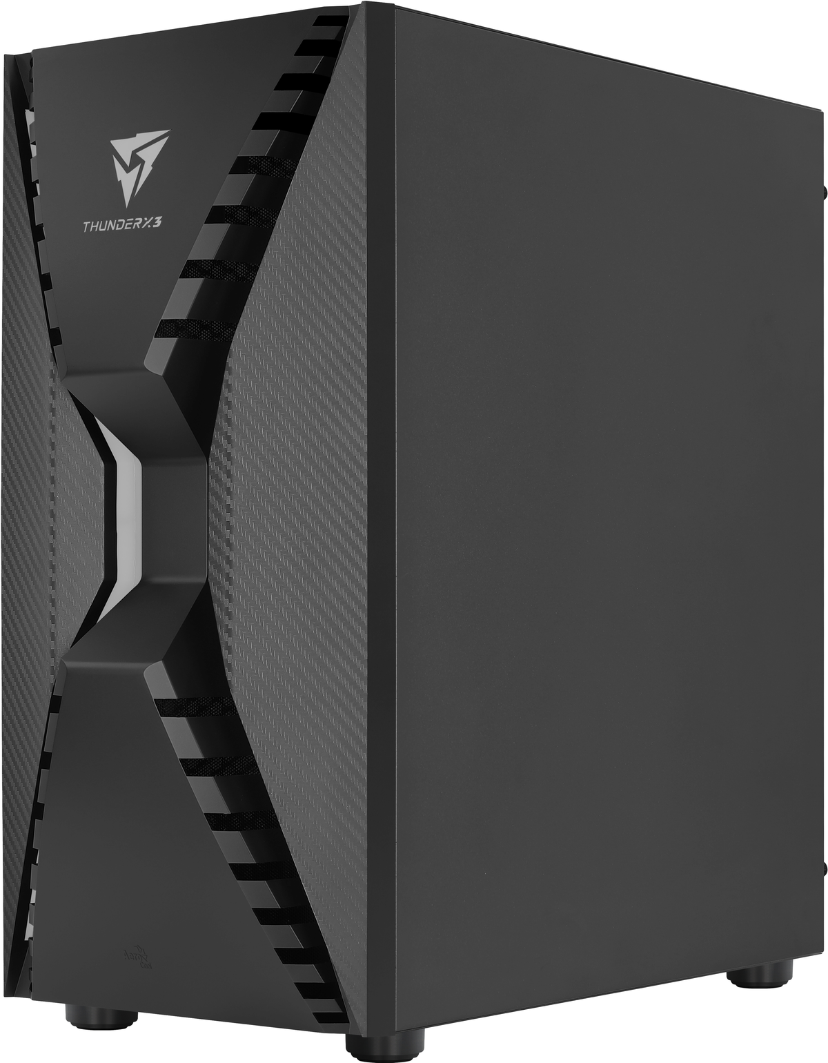 Schwarzes Computergehäuse mit strukturierter Front und dem ThunderX3-Logo.