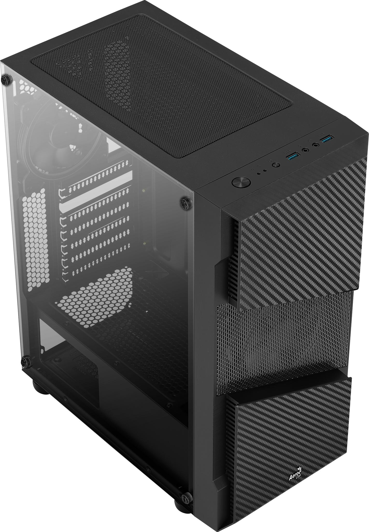 Schwarzes Computergehäuse mit Glasseite, Mesh-Frontplatte und Kohlefaser-ähnlicher Textur.