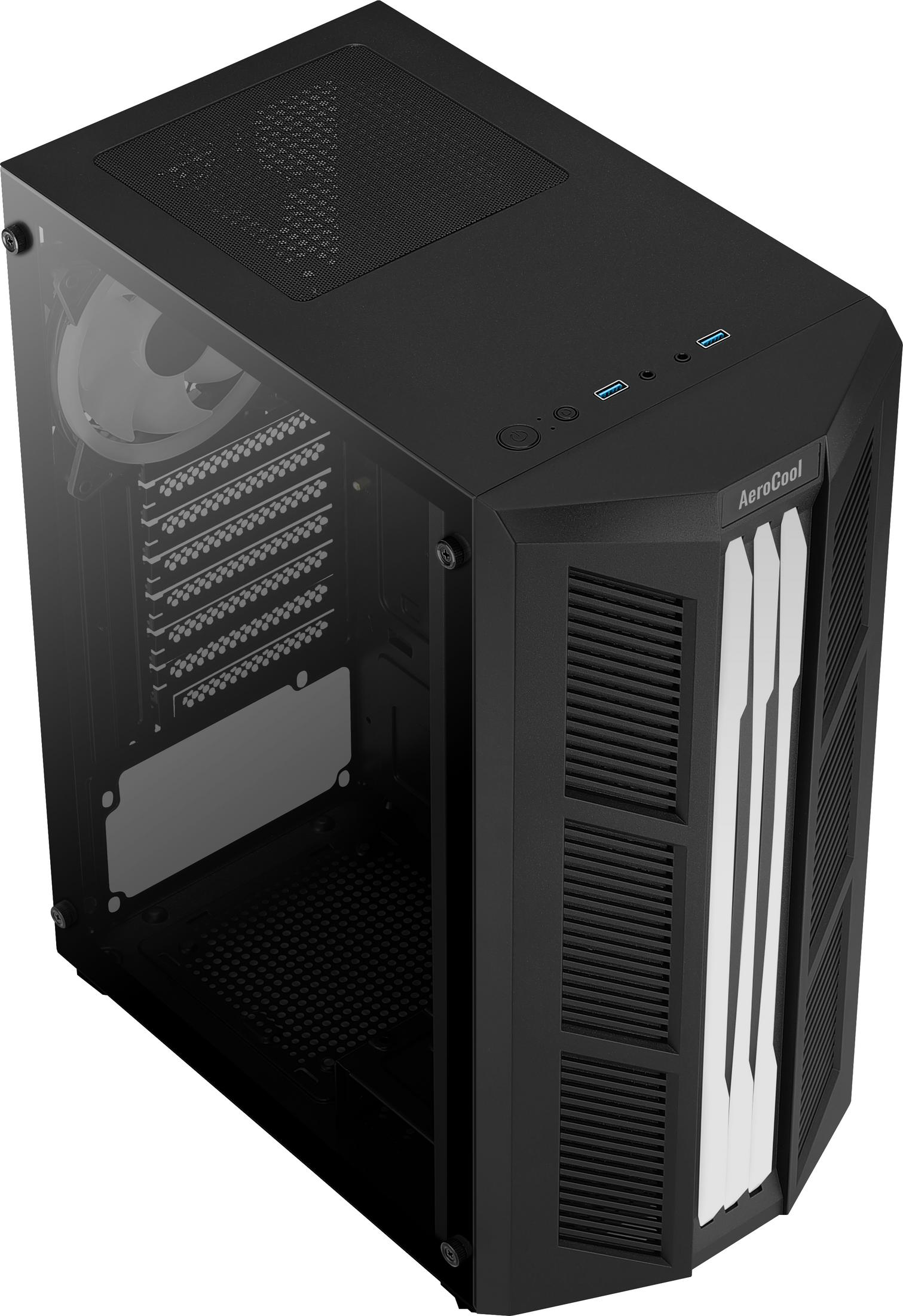 Zwarte computerkast van bovenaf, met een glazen zijpaneel dat interne componenten toont.