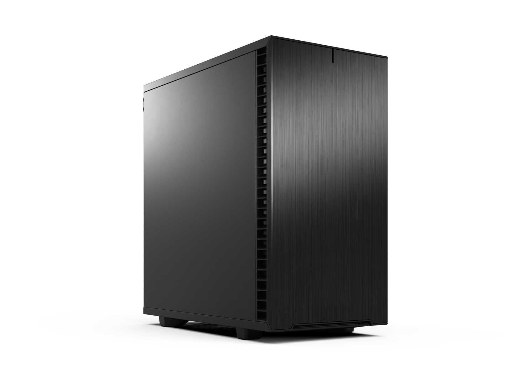 Case PC nero con design elegante. Vista laterale. Minimalista, nero opaco.