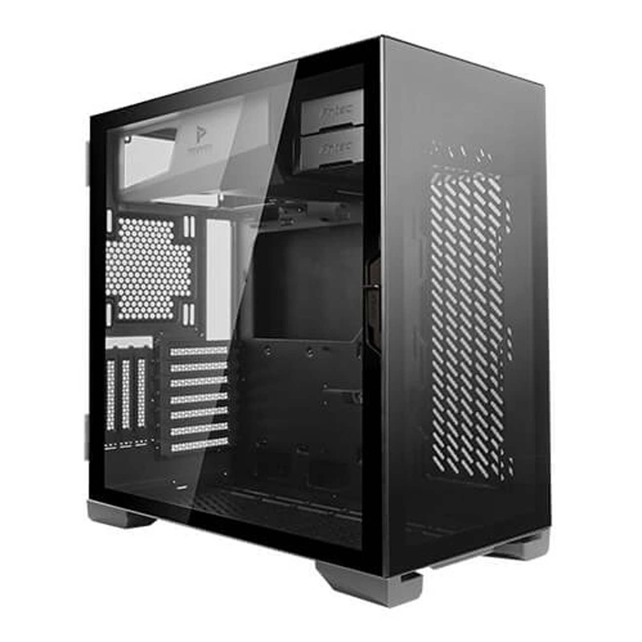 Un case per computer nero con un pannello laterale in vetro. Il case è su uno sfondo bianco.
