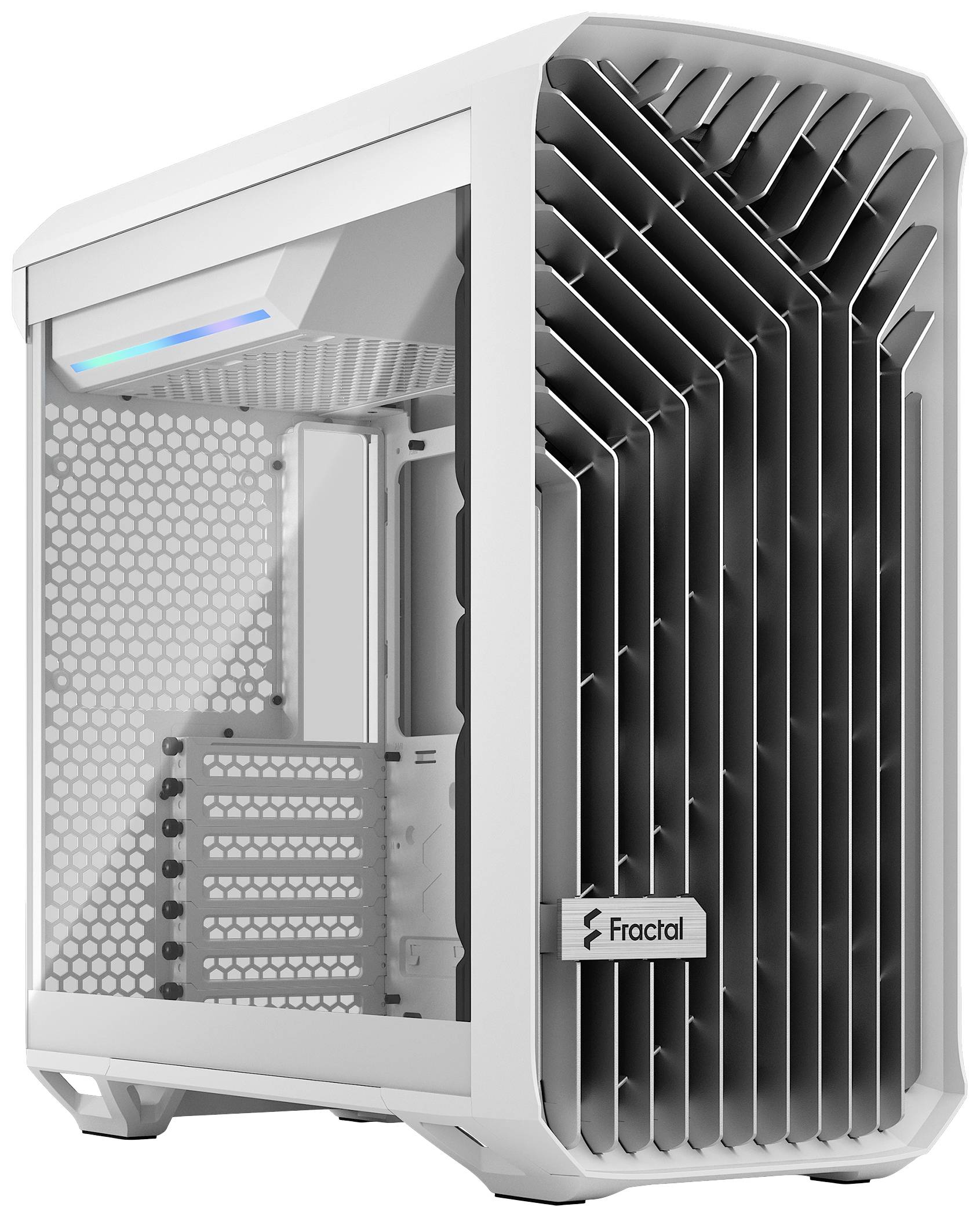Case per computer bianco con un design del pannello frontale unico e un pannello laterale in vetro.