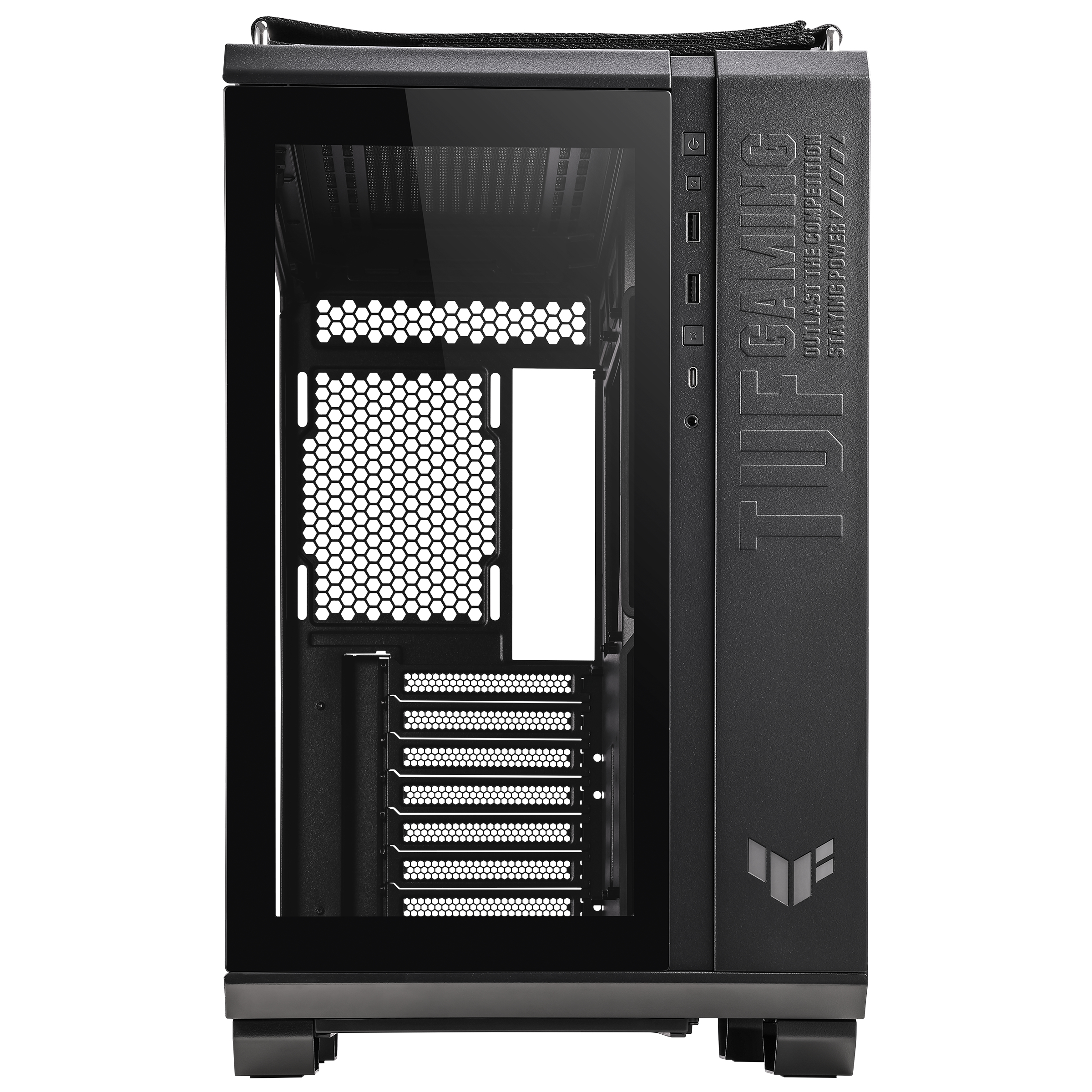 Case PC nero con pannello laterale in vetro, marchio TUF GAMING e pannello frontale con porte. Design robusto.