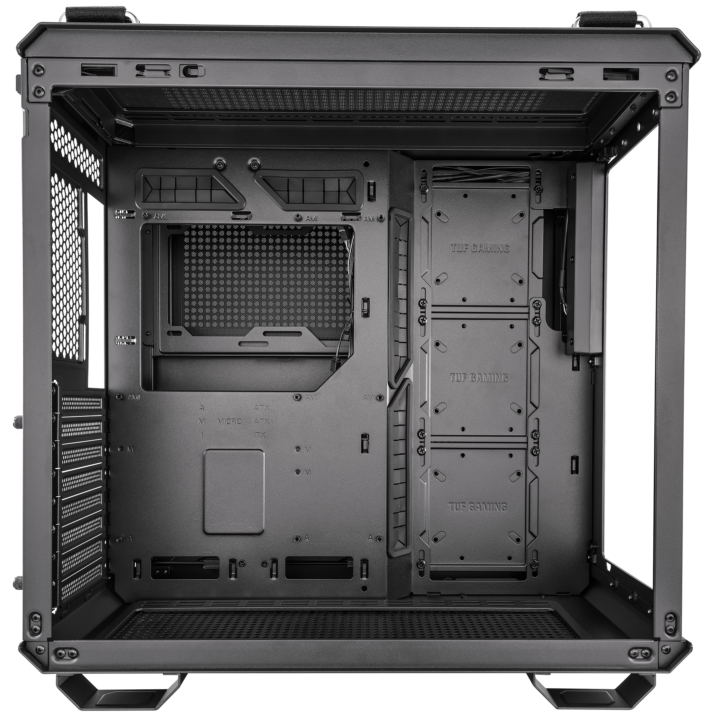 Interno di un case per computer. Mostra la struttura interna con il marchio TUF GAMING sui pannelli.