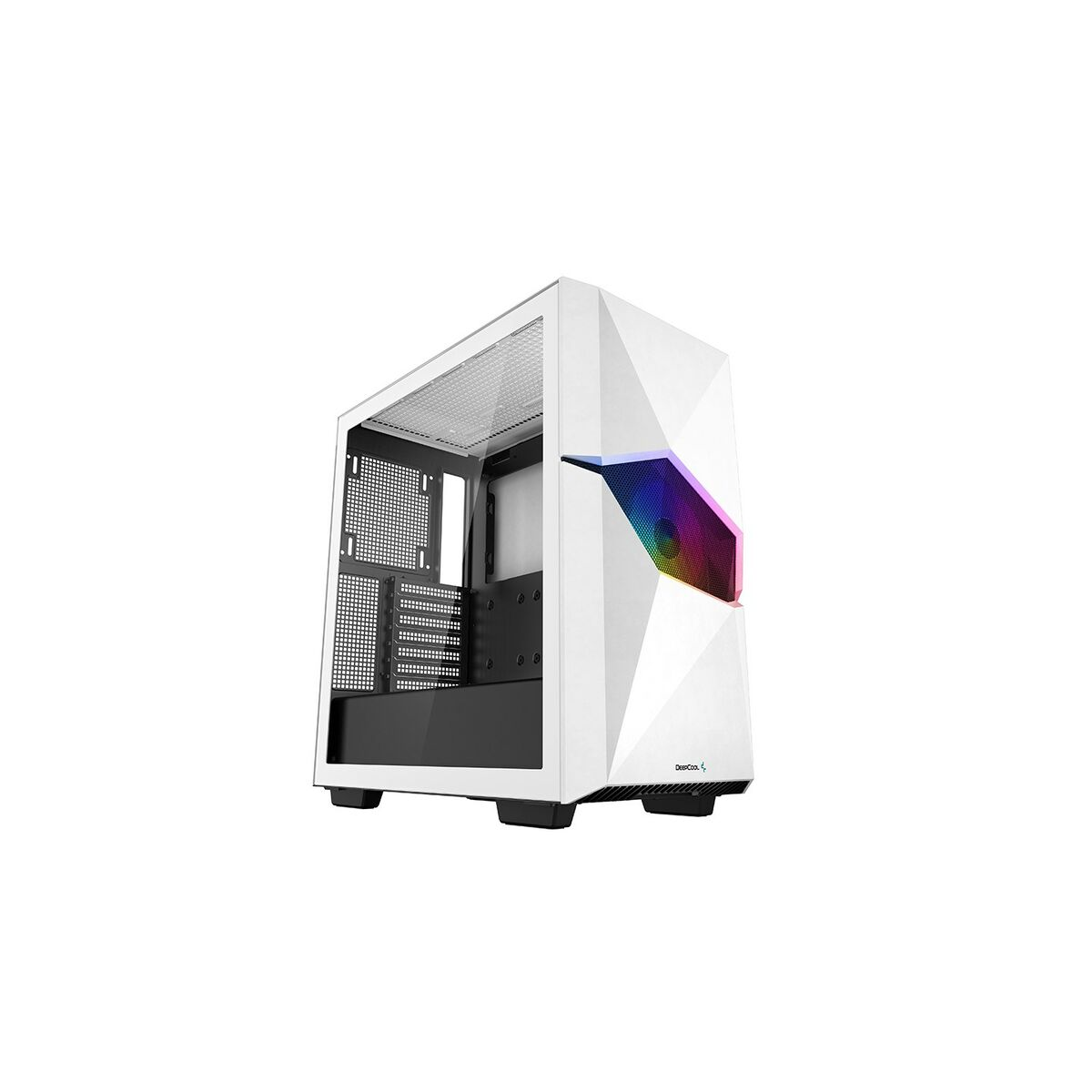 Case PC bianco con design geometrico e illuminazione RGB sul pannello frontale. Look elegante e moderno.