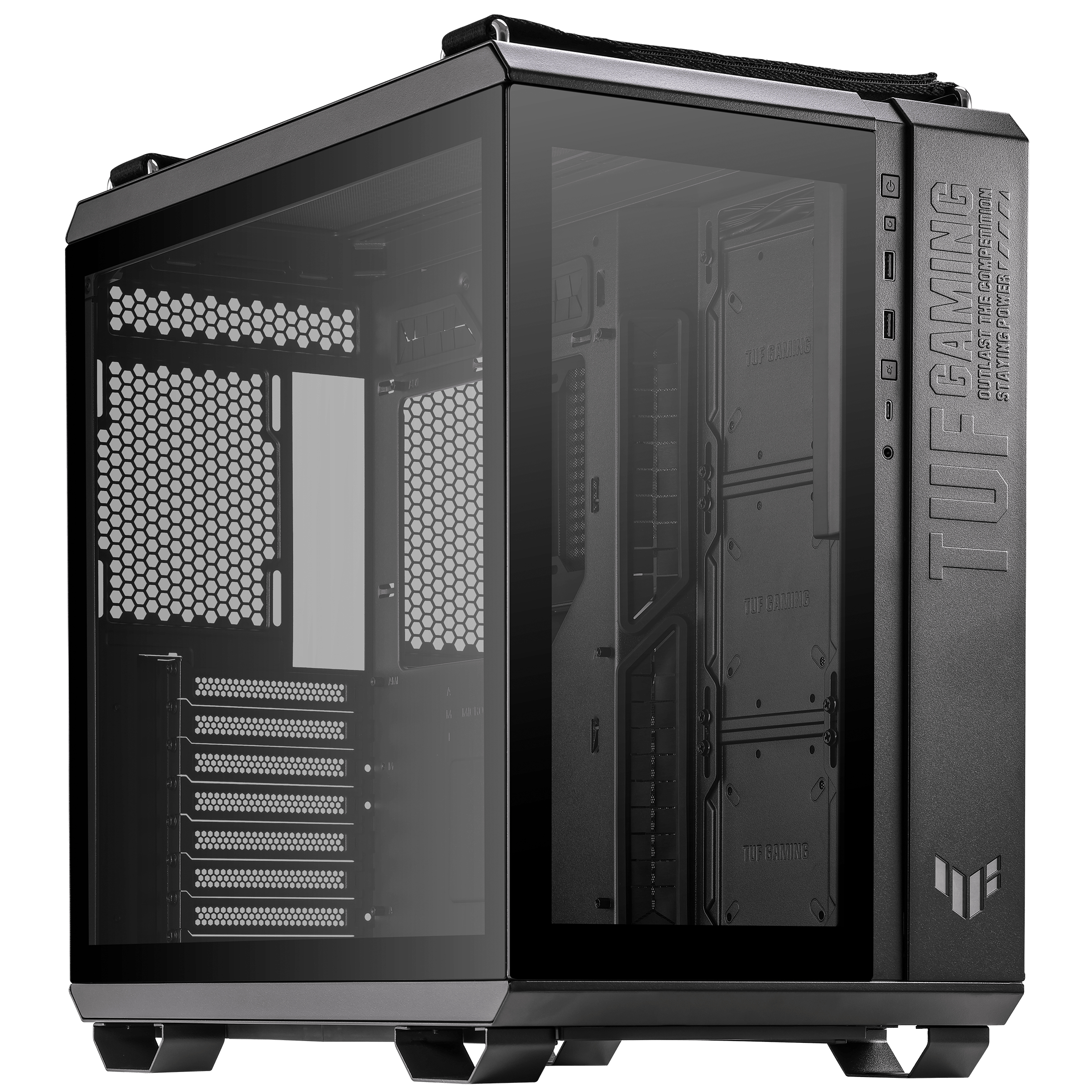 Case per computer nero con pannello laterale in vetro. Ha il marchio TUF GAMING.