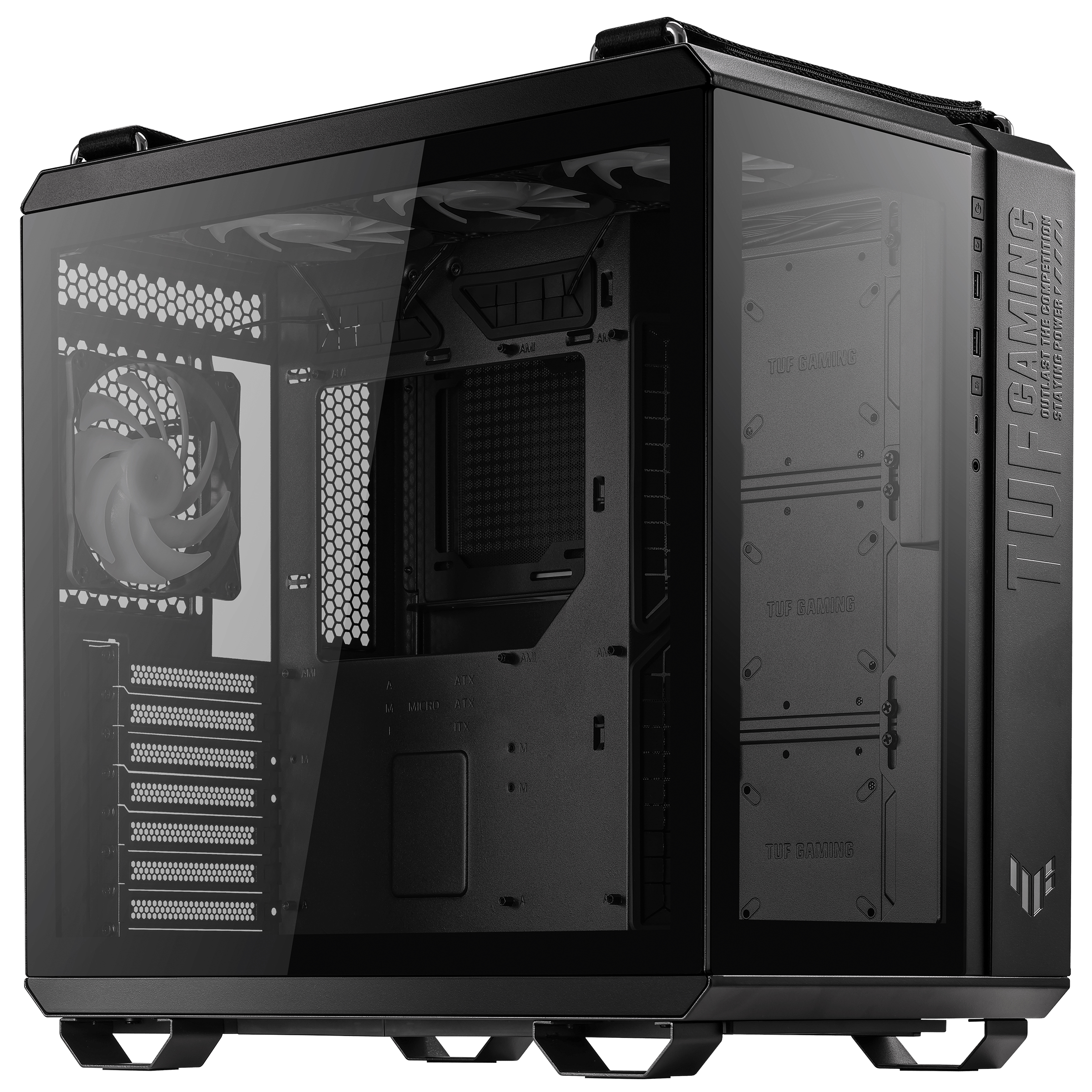 Boîtier d'ordinateur noir avec panneau en verre. Intérieur : ventilateur, composants, intérieur noir. Logo TUF GAMING visible.