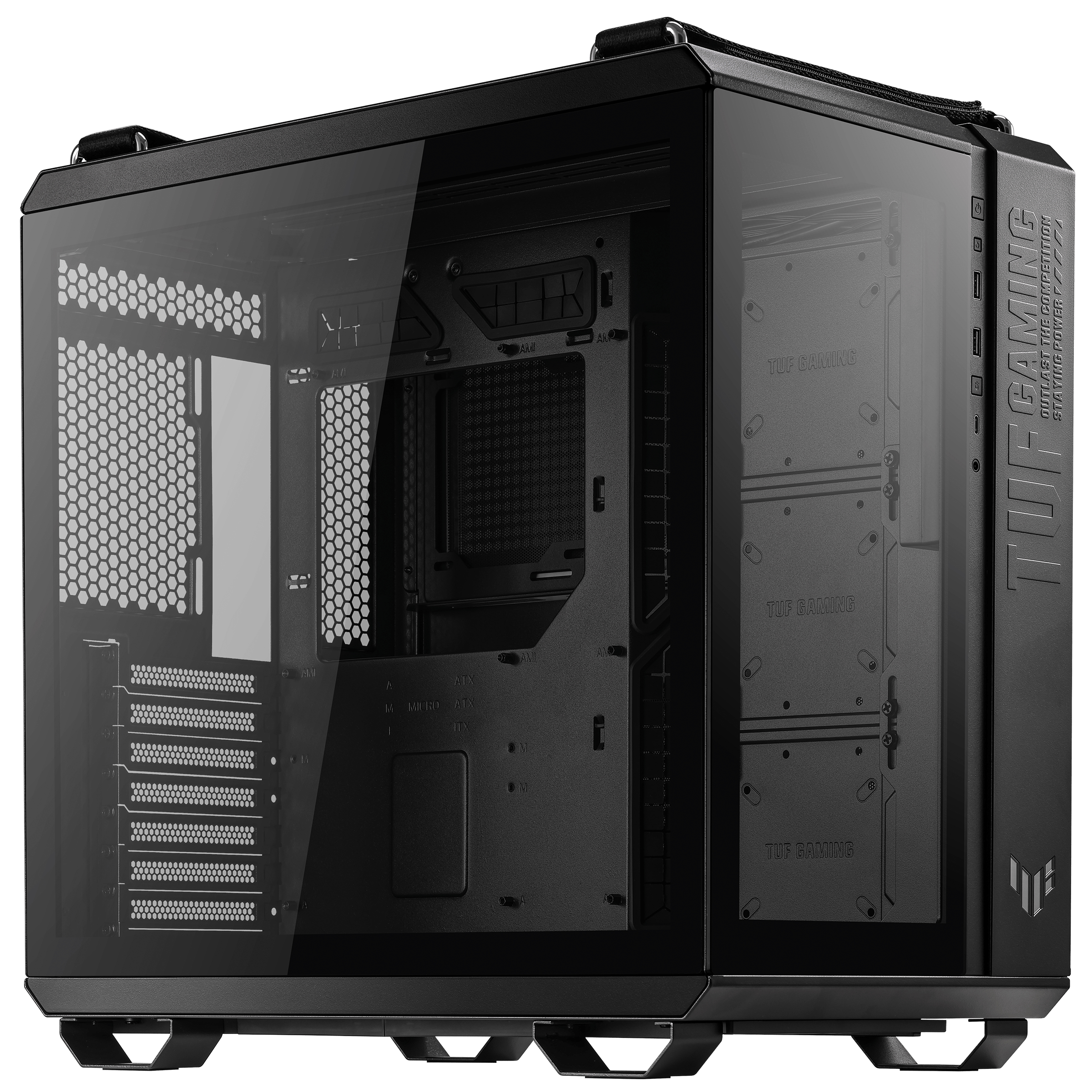 Case per PC nero con lato in vetro. Componenti all'interno. Sfondo nero.