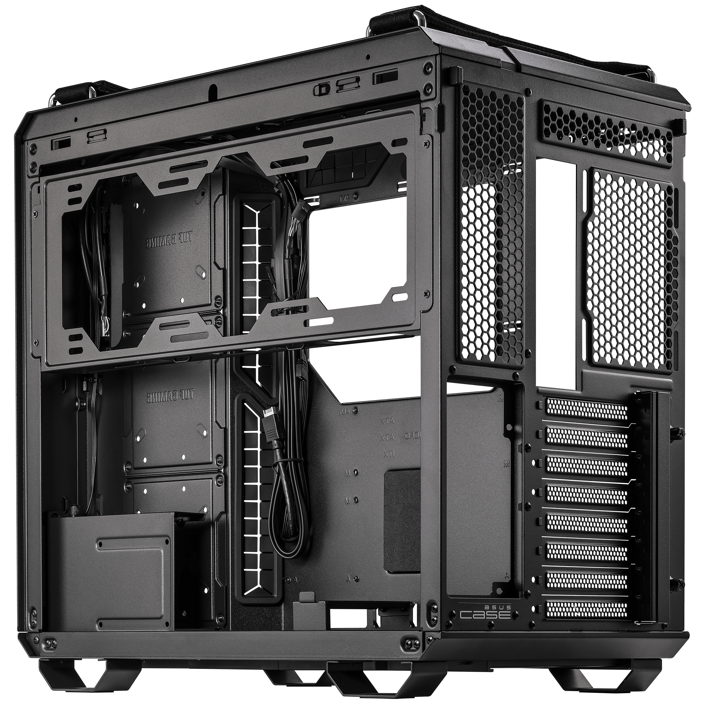 Interno di case PC nero aperto. Componenti visibili, cavi presenti.