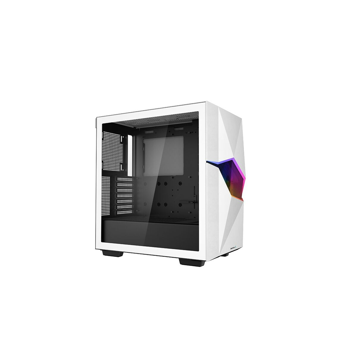 Case per computer bianco con pannello laterale in vetro e alcune luci colorate sulla parte anteriore.