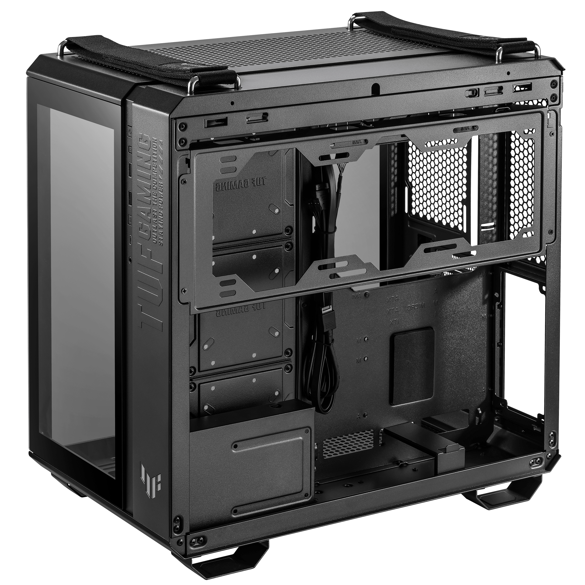 Case per computer nero con interno aperto. Pannello laterale trasparente. Mostra struttura interna e componenti.