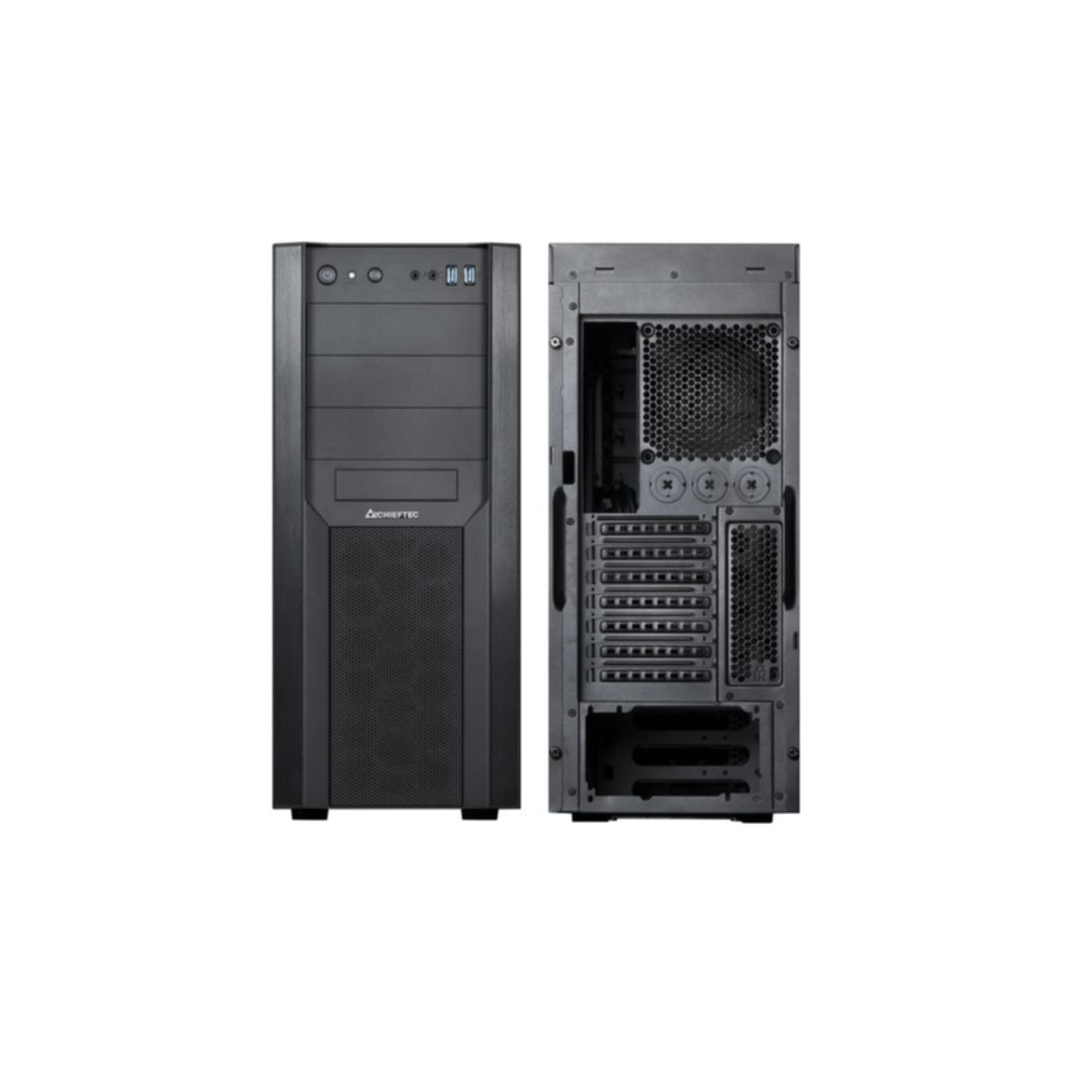 Czarna obudowa komputera, widok z przodu i z tyłu. Przód ma panel z siatki, a tył pokazuje wewnętrzną strukturę.
