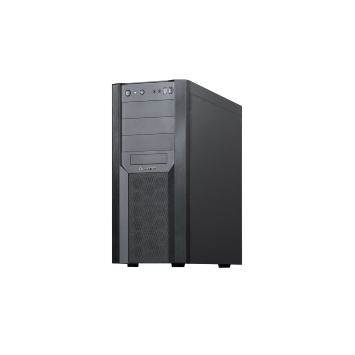 Czarna obudowa komputera. Ma prosty design z przednim panelem i wentylacją na dole.