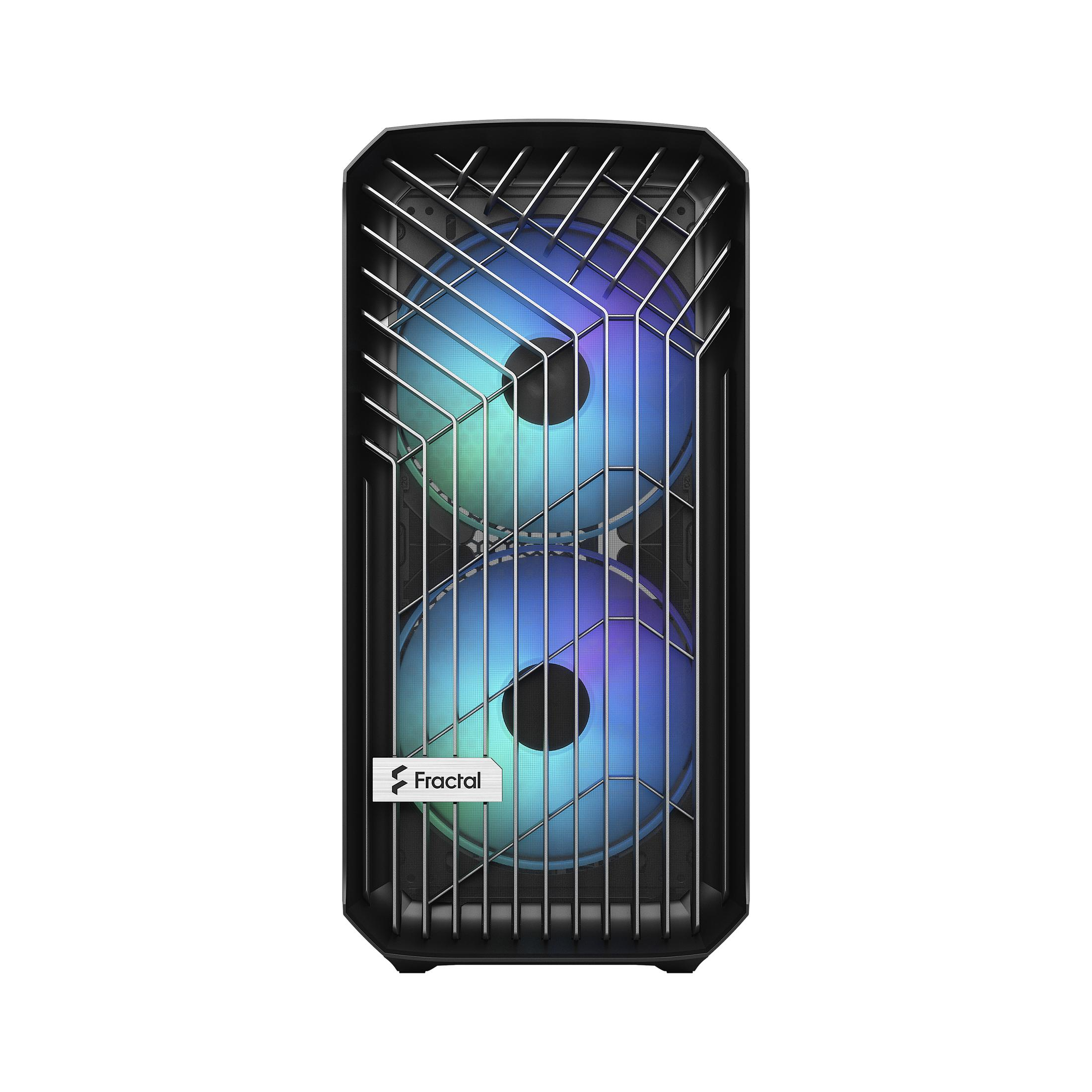Schwarzer Computerlüfter mit zwei beleuchteten Lüftern, mit Fractal-Logo.