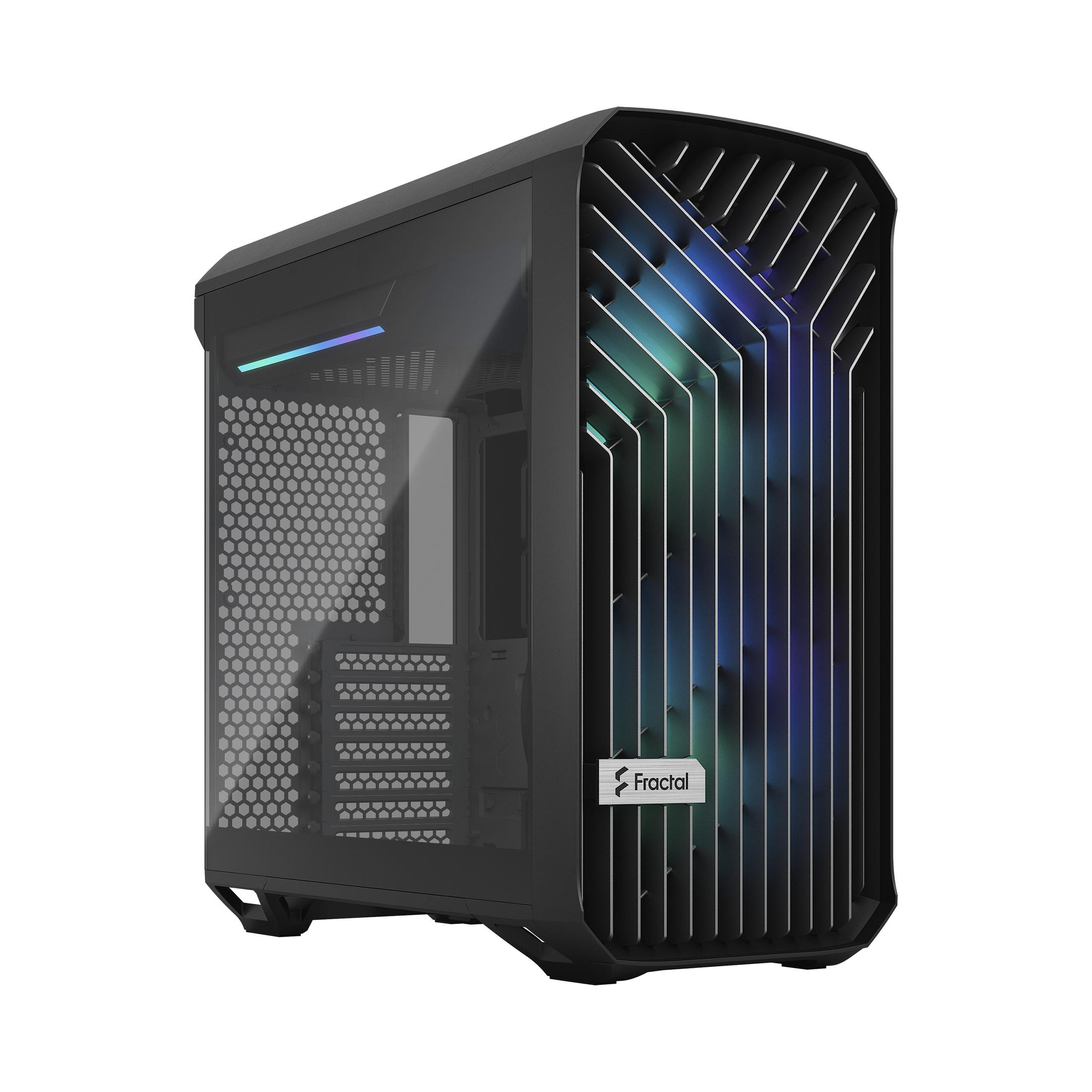 Schwarzes PC-Gehäuse mit Mesh-Front und Glas-Seitenwand. RGB-Lichter sind sichtbar.