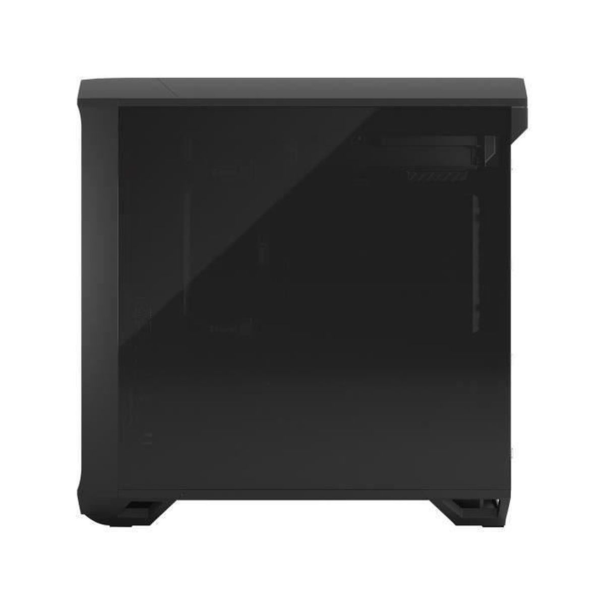 Schwarzes Computergehäuse, Seitenansicht. Zeigt ein transparentes Seitenteil.