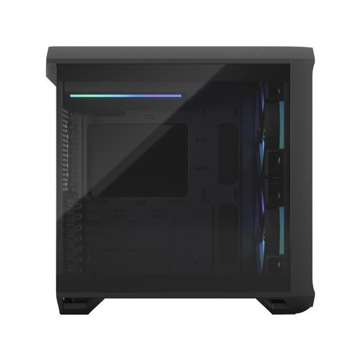 Schwarzes PC-Gehäuse mit Glasseitenwand, zeigt interne Komponenten.