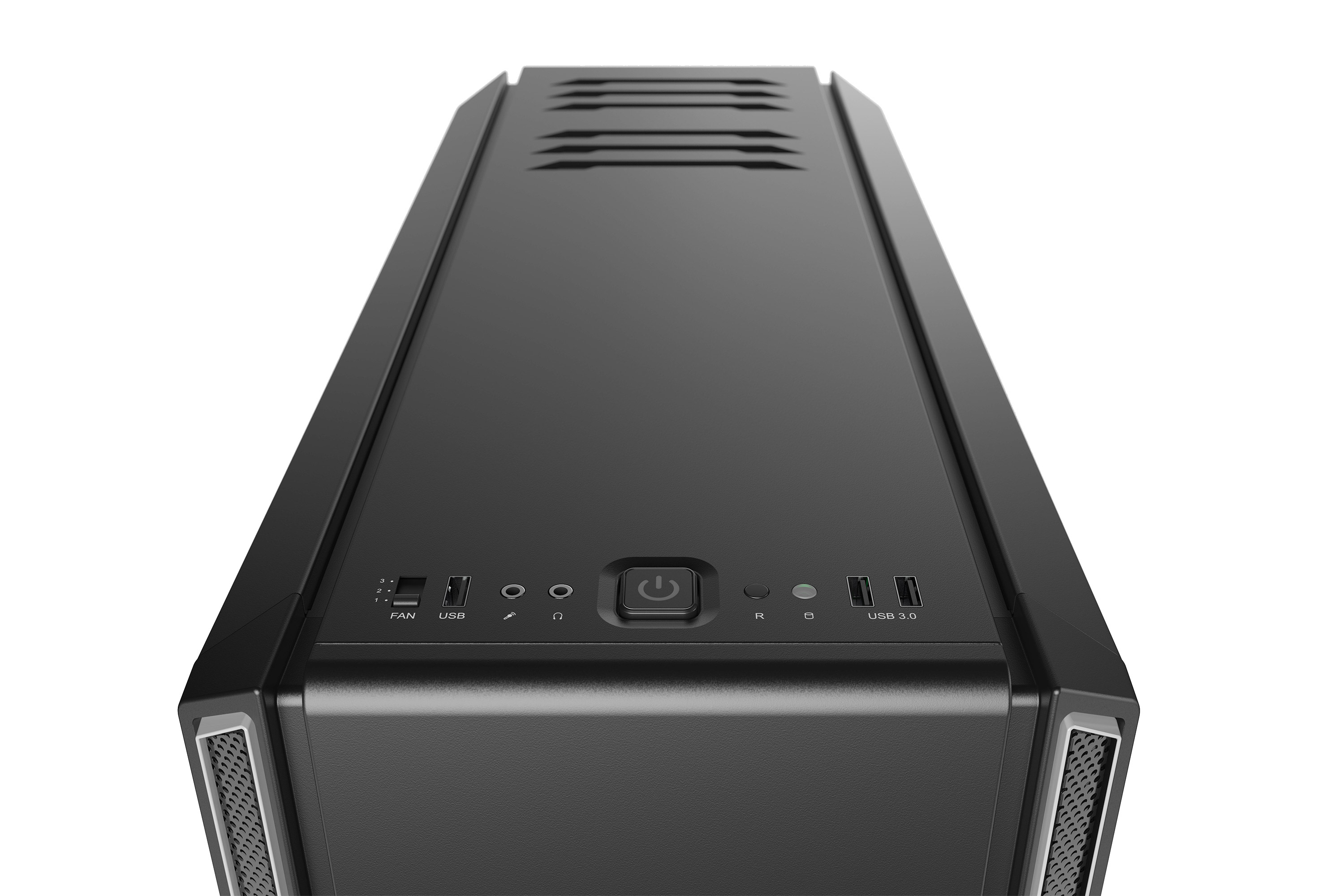 Vista dall'alto di un case per computer nero con porte di alimentazione e USB.