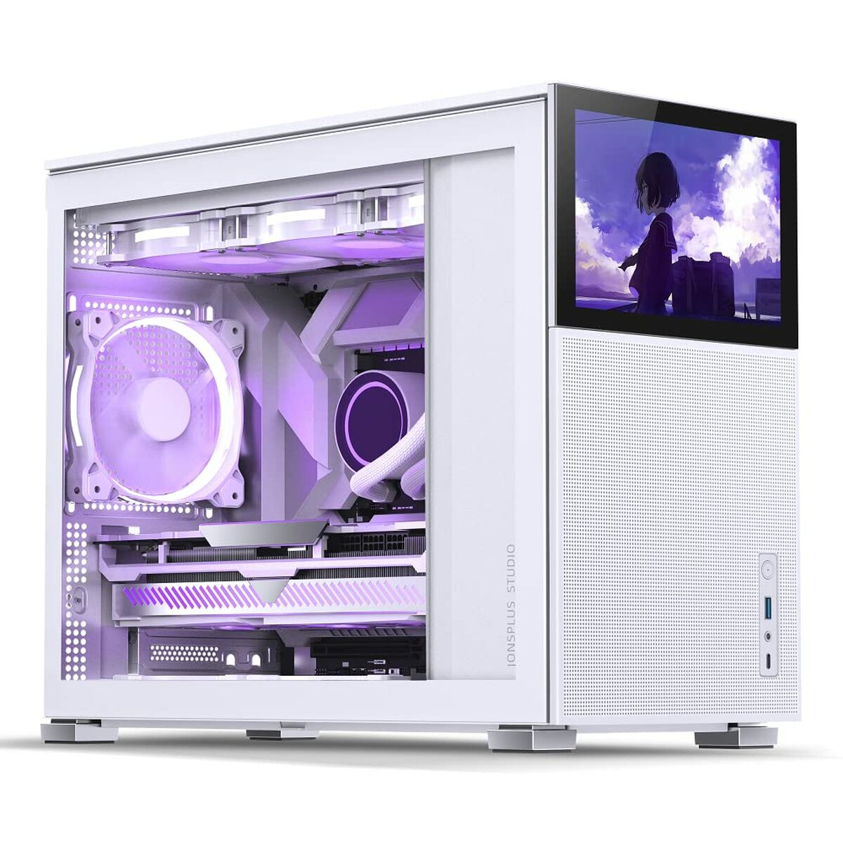 Witte pc-kast met een scherm aan de zijkant, met een meisje. Binnenin, ventilatoren en lichten.