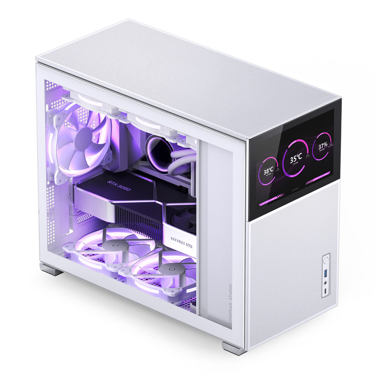 Witte pc-behuizing met een glazen zijkant, met interne componenten met paarse verlichting en een klein display.