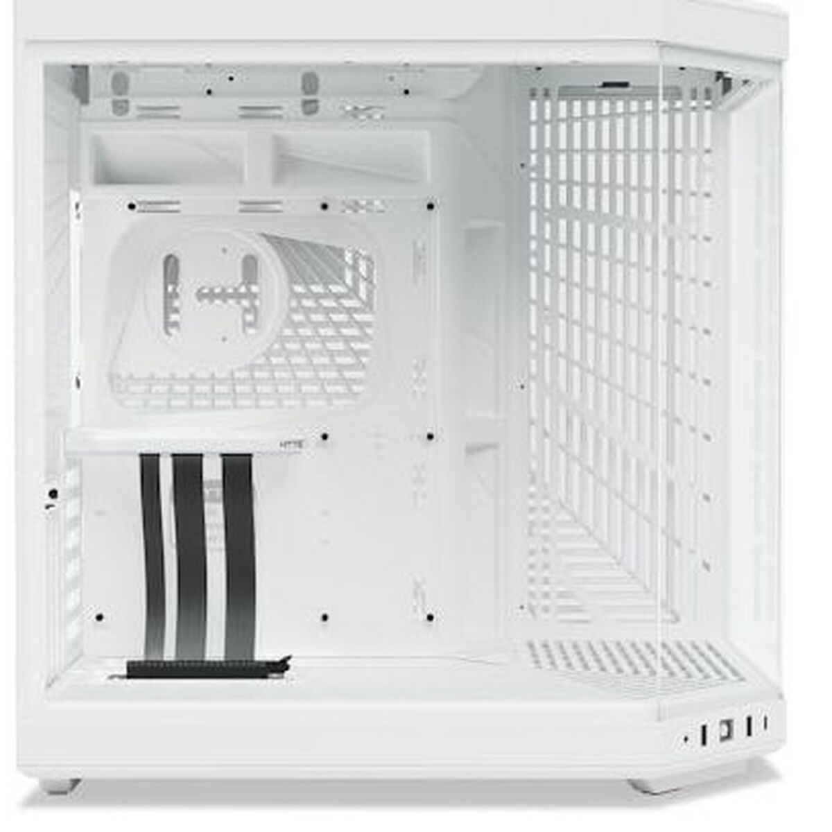 Intérieur de boîtier PC blanc, montrant la structure interne. Design épuré et minimaliste axé sur l'espace.