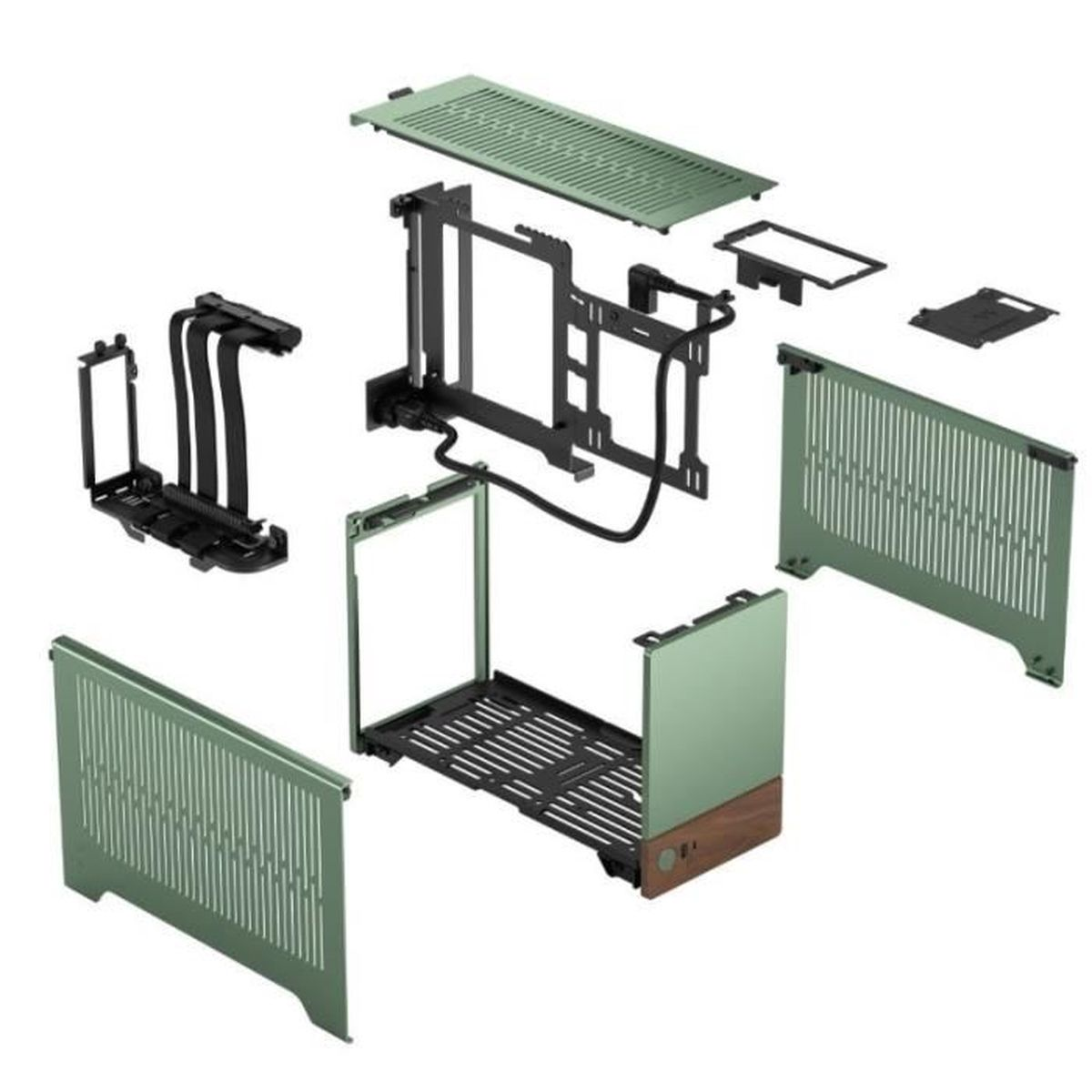 Componentes de caja de PC desmontados. Piezas verdes y negras. Refrigeración y estructura.