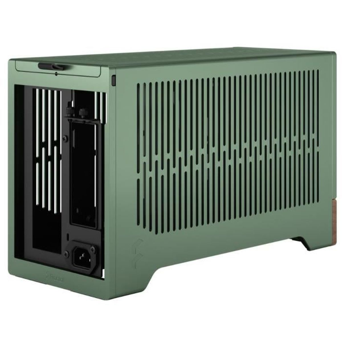 Carcasa de PC verde con un diseño único. Cuenta con orificios de ventilación y una entrada de energía. Aspecto moderno.