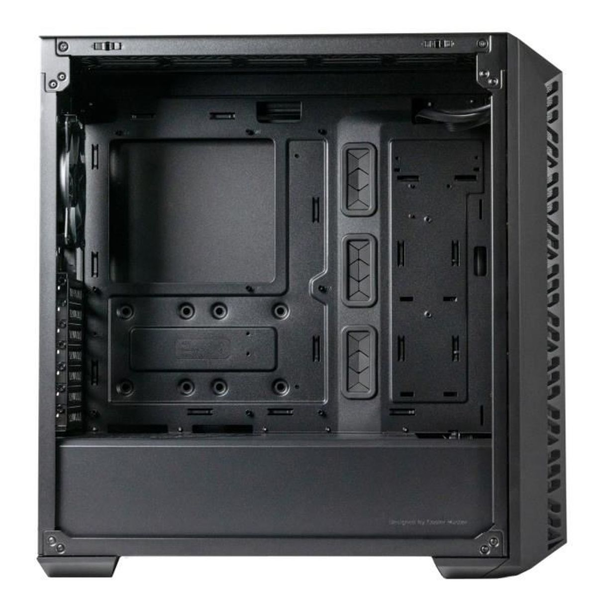 Interno del case per computer nero. Ha aree di montaggio e scomparti per i componenti. Il case è vuoto.
