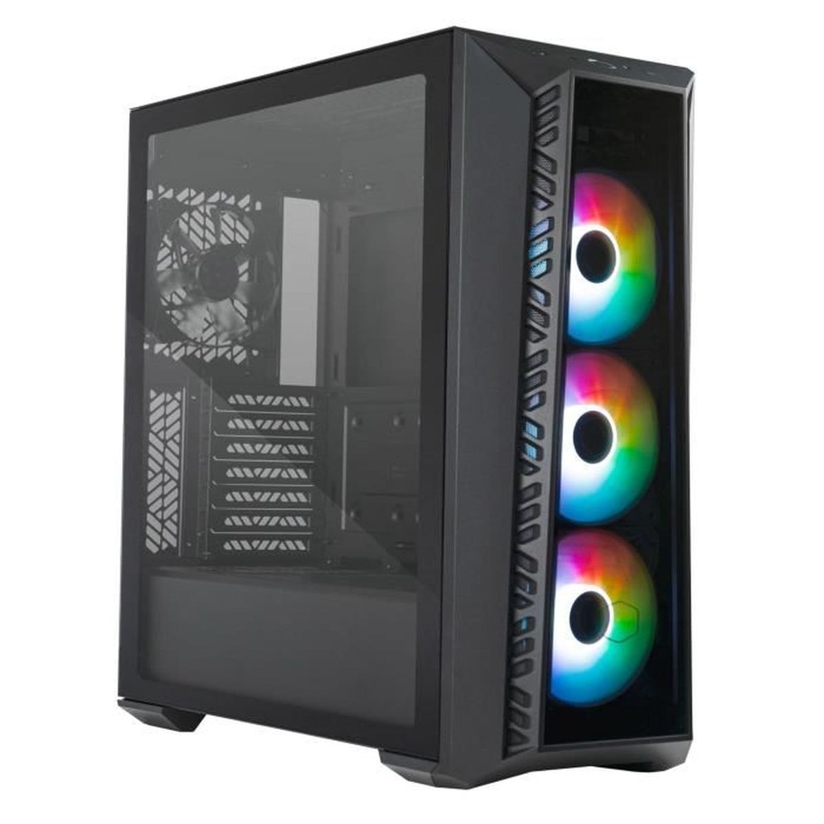 Case per PC nero con pannello laterale in vetro e ventole RGB. Vista laterale e frontale.