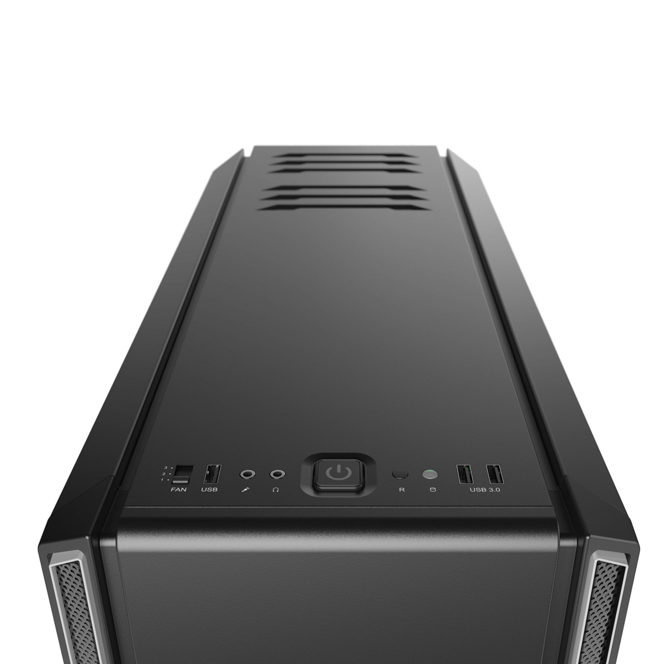 Vista dall'alto di un case PC nero con pulsante di accensione, porte USB e spie ventola/alimentazione.