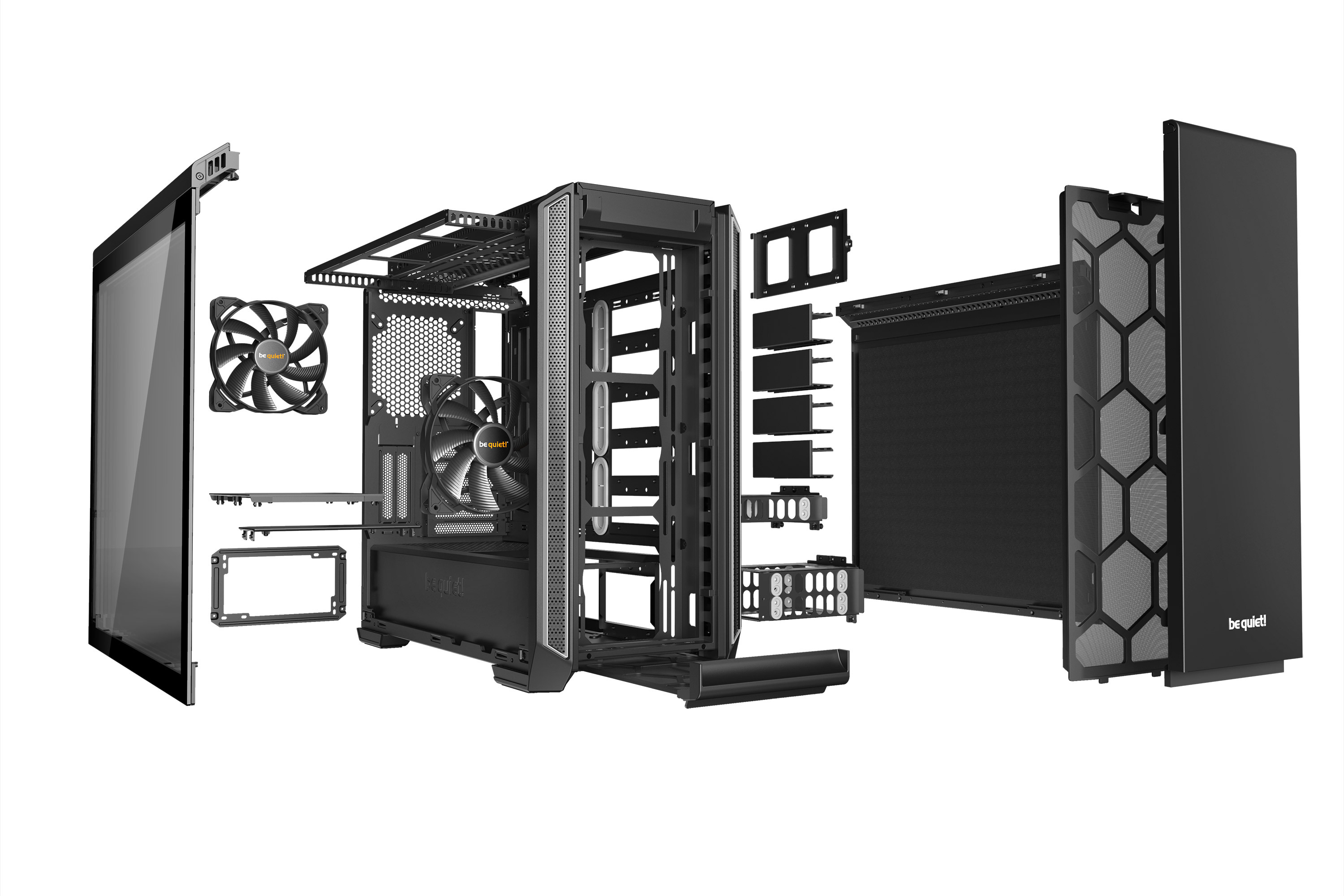 Vista esplosa del case per computer nero con componenti. Ventole, pannelli laterali e struttura interna visibili.