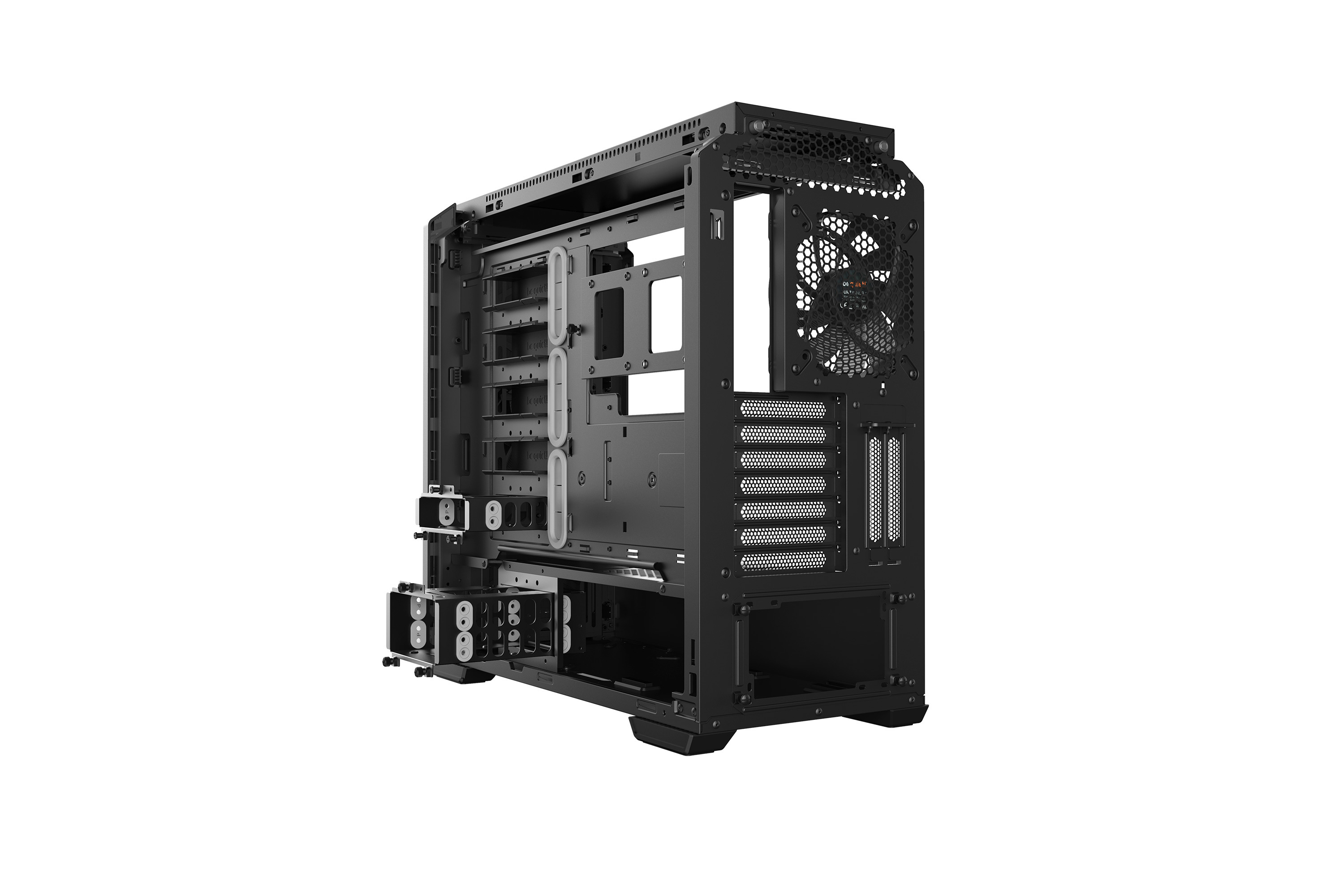 Interno di un case per computer nero aperto, vuoto, con aree di montaggio dei componenti.