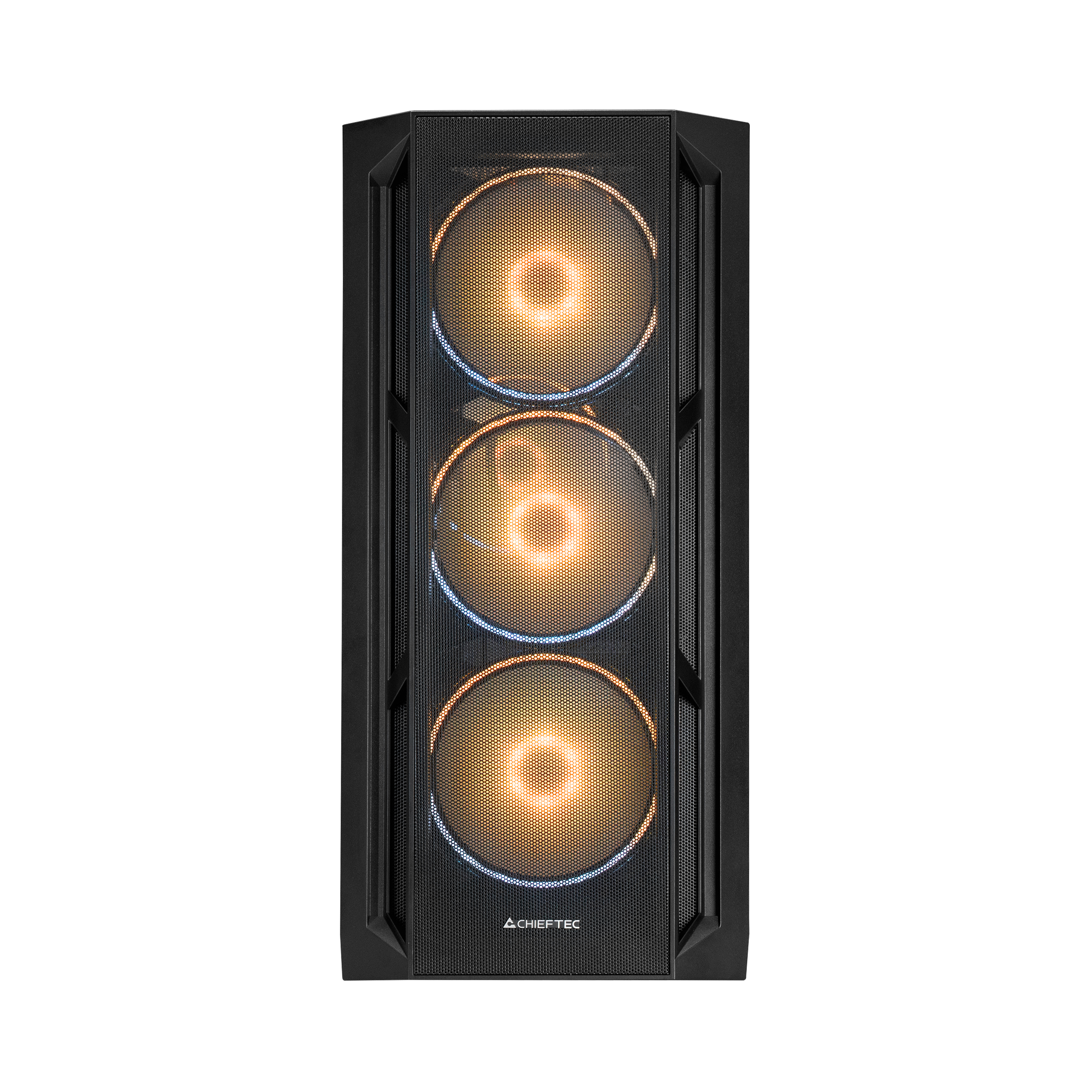 Czarna obudowa komputera z trzema podświetlanymi wentylatorami. Przód obudowy ma siatkową konstrukcję.